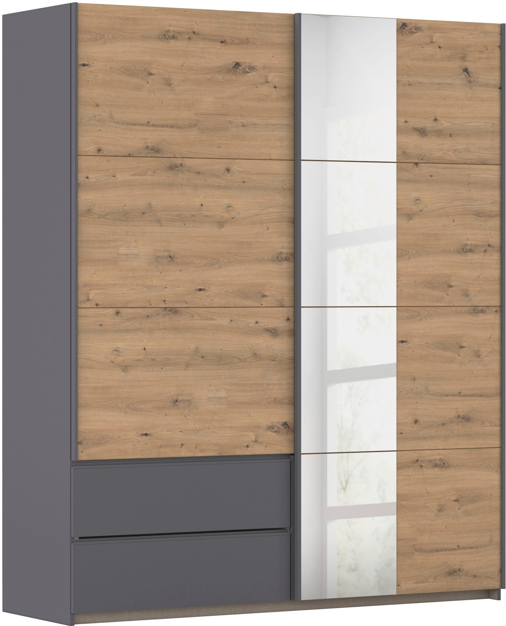 rauch Schwebetürenschrank »Kleiderschrank Schrank Garderobe Wäscheschrank SEVILLA mit Spiegel«, (in 3 verschiedenen Ausstattungen BASIC/CLASSIC/PREMIUM), Metall-Griffleisten alufarben oder Graumetallic MADE IN GERMANY
