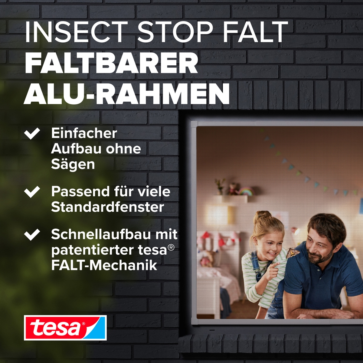 tesa Insektenschutz-Fensterrahmen »Insect Stop Falt Fliegengitter für Fenster - min 0,8 m bis max. 1,4 m« Packung, Teleskop Alu Rahmen, 1 Stk. tlg. Mückenschutz-verstellbarem Rahmen aus Aluminium-ohne bohren