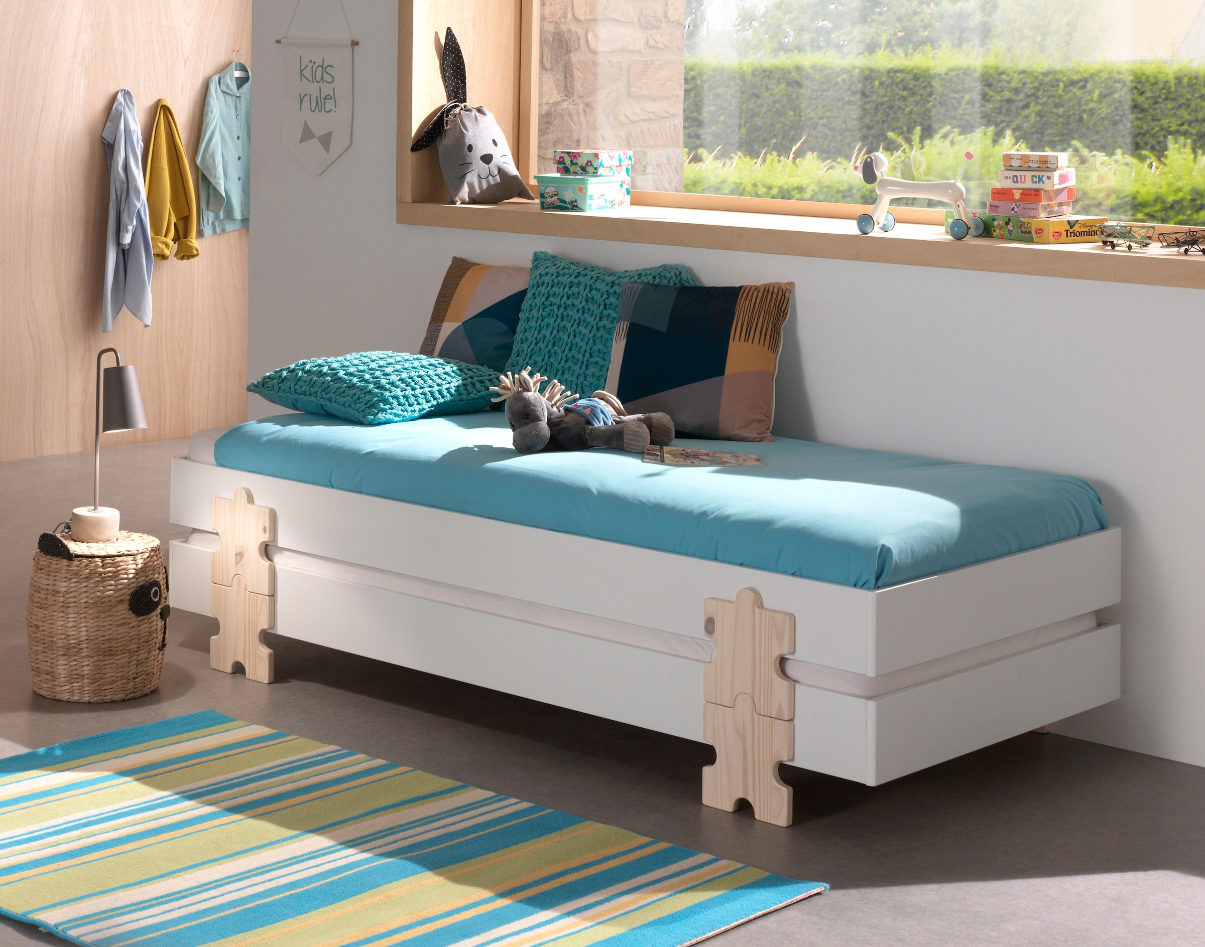 Vipack Kinderbett »Modulo«, (Made in Europe), Jugendbett, Einzelbett, Stapelbett mit Füßen in Puzzleoptik