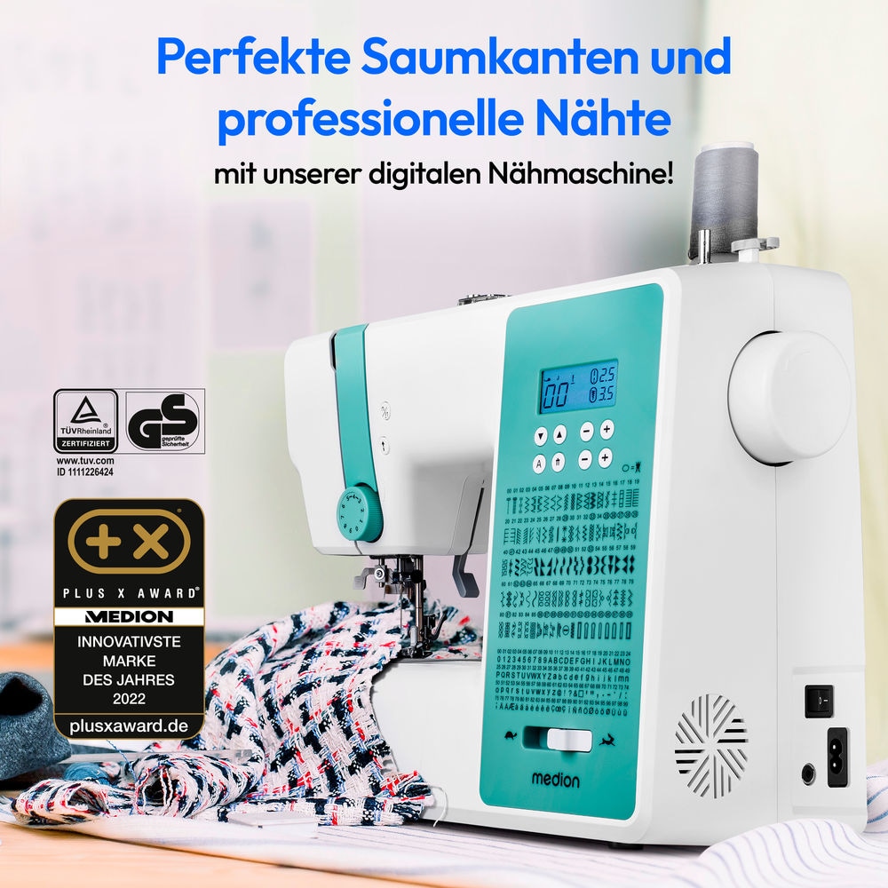 Medion® Computer-Nähmaschine »MD 11881, 270 Stichmuster, 1-Schritt Knopfloch,«, 8 Programme, Doppelnadelfunktion, Automatischer Einfädler, Geschwindigkeitsregler