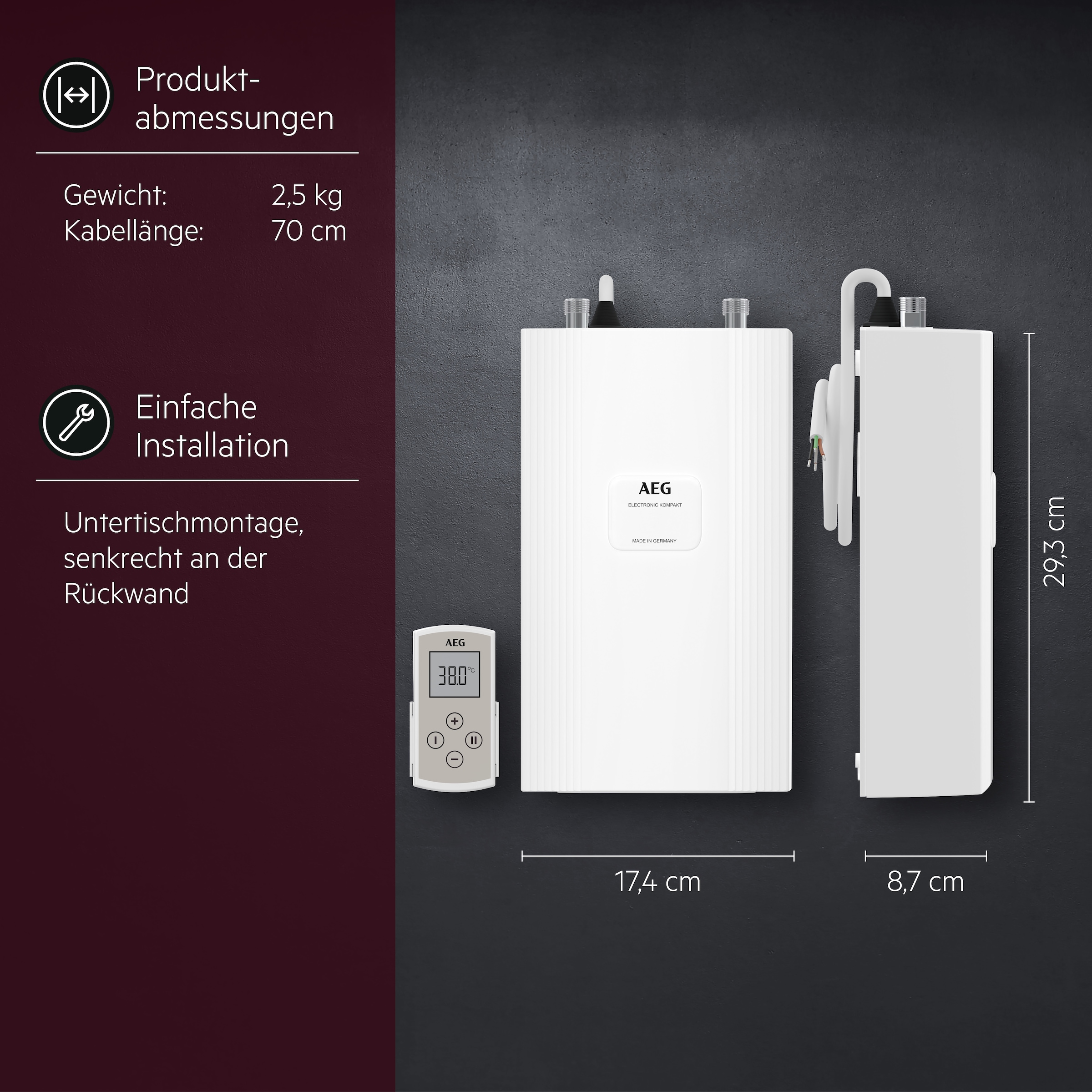 AEG Haustechnik Kompakt-Durchlauferhitzer »DDLE Kompakt FB«, 11/13 kW umschaltbar, Fernbedienung, Untertischmontage, für die Küche