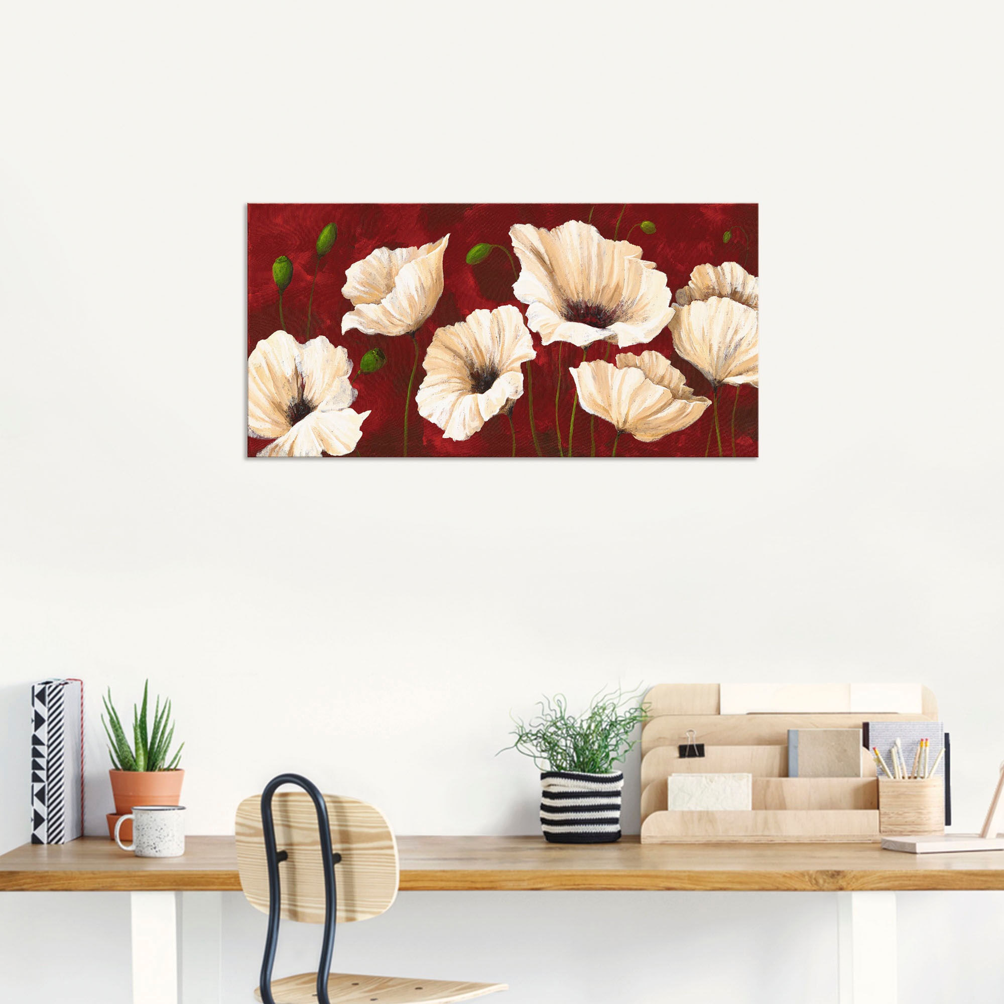 Artland Wandbild »Weiße Mohnblumen vor rot«, Blumen, (1 St.), als Alubild, Outdoorbild, Leinwandbild, Poster, Wandaufkleber