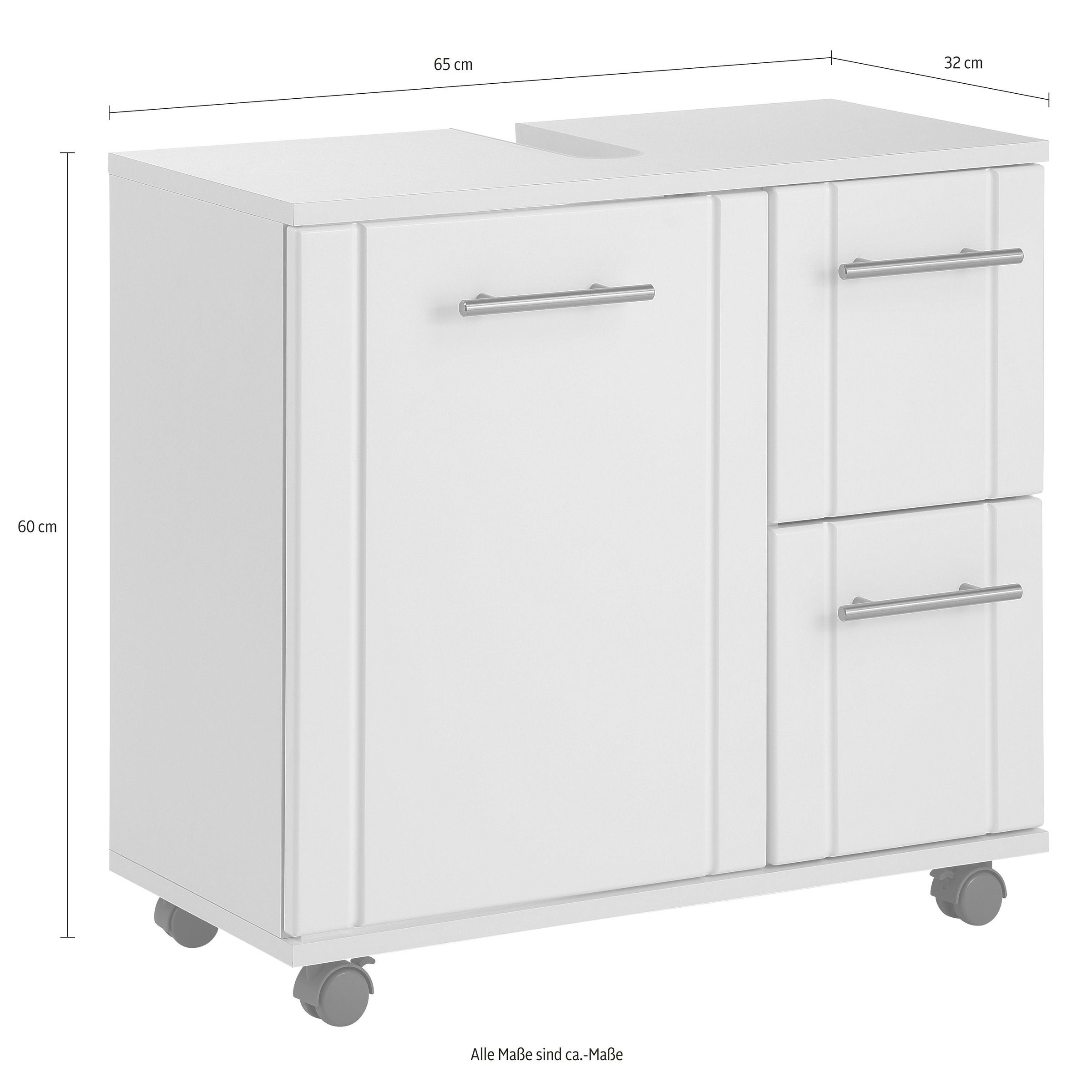 welltime Waschbeckenunterschrank »Emmi, Breite 65 cm made in Germany«, Siphonausschnitt, Metallbeschläge