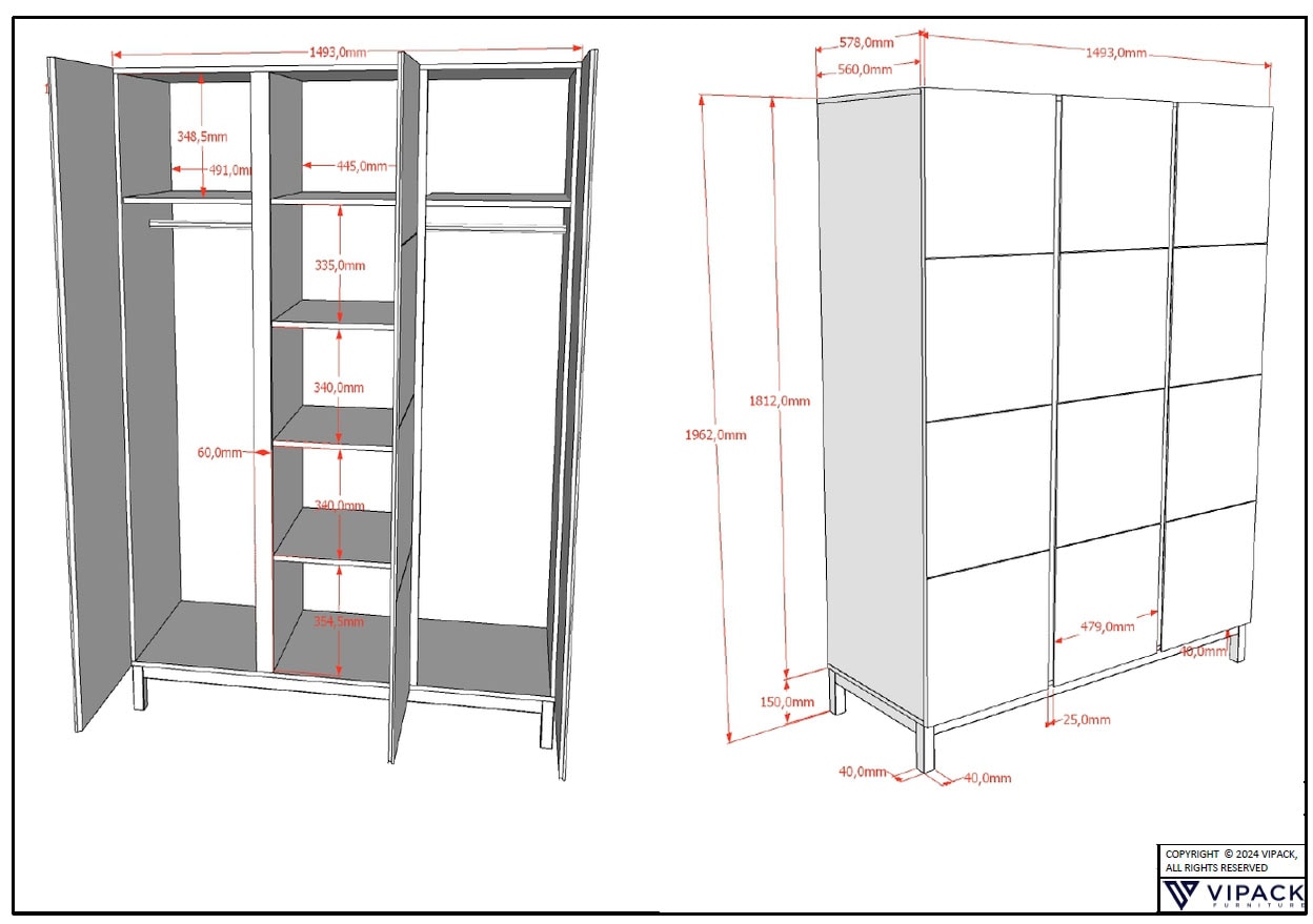 Vipack Kleiderschrank »in modernem Design, Türen mit Profilfräsung, pflegeleichter Oberfläche«, mit 3 Drehtüren inkl. Soft-Close, Wäschwfächer, Ausf. weiß lackiert