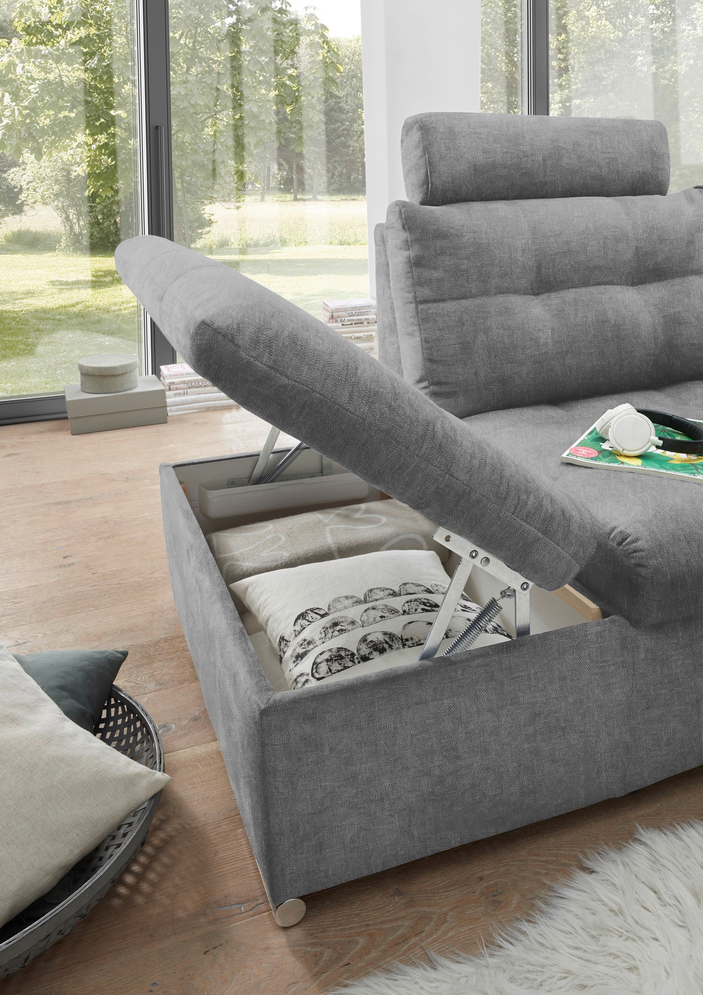 ED EXCITING DESIGN Wohnlandschaft »Nalo U-Form mit Bettfunktion, Bettkasten«, Armteilverstellung, Kopfstützen & 3 Nierenkissen