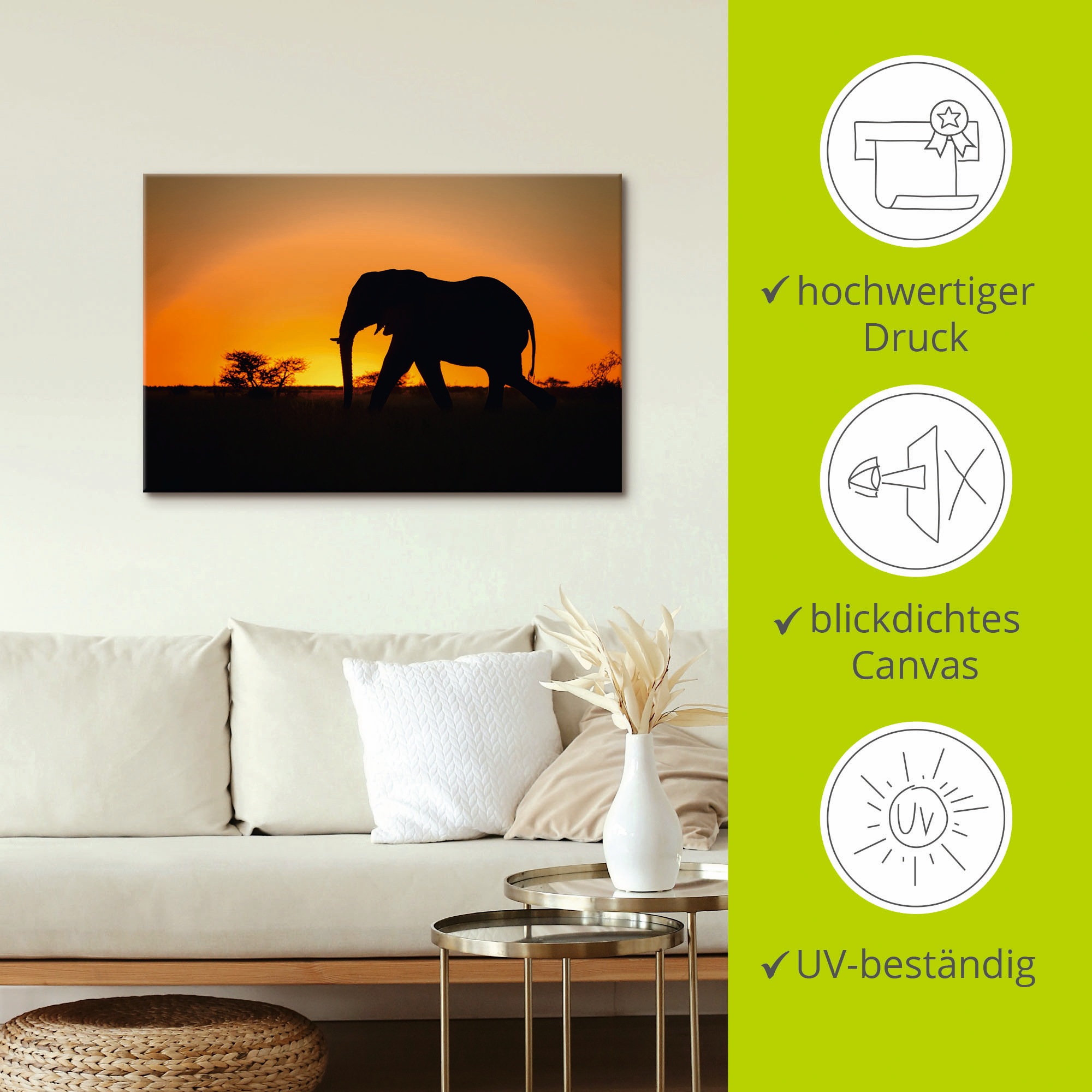 Artland Leinwandbild »Afrikanischer Elefant im Sonnenuntergang«, Wildtiere, (1 St.), auf Keilrahmen gespannt