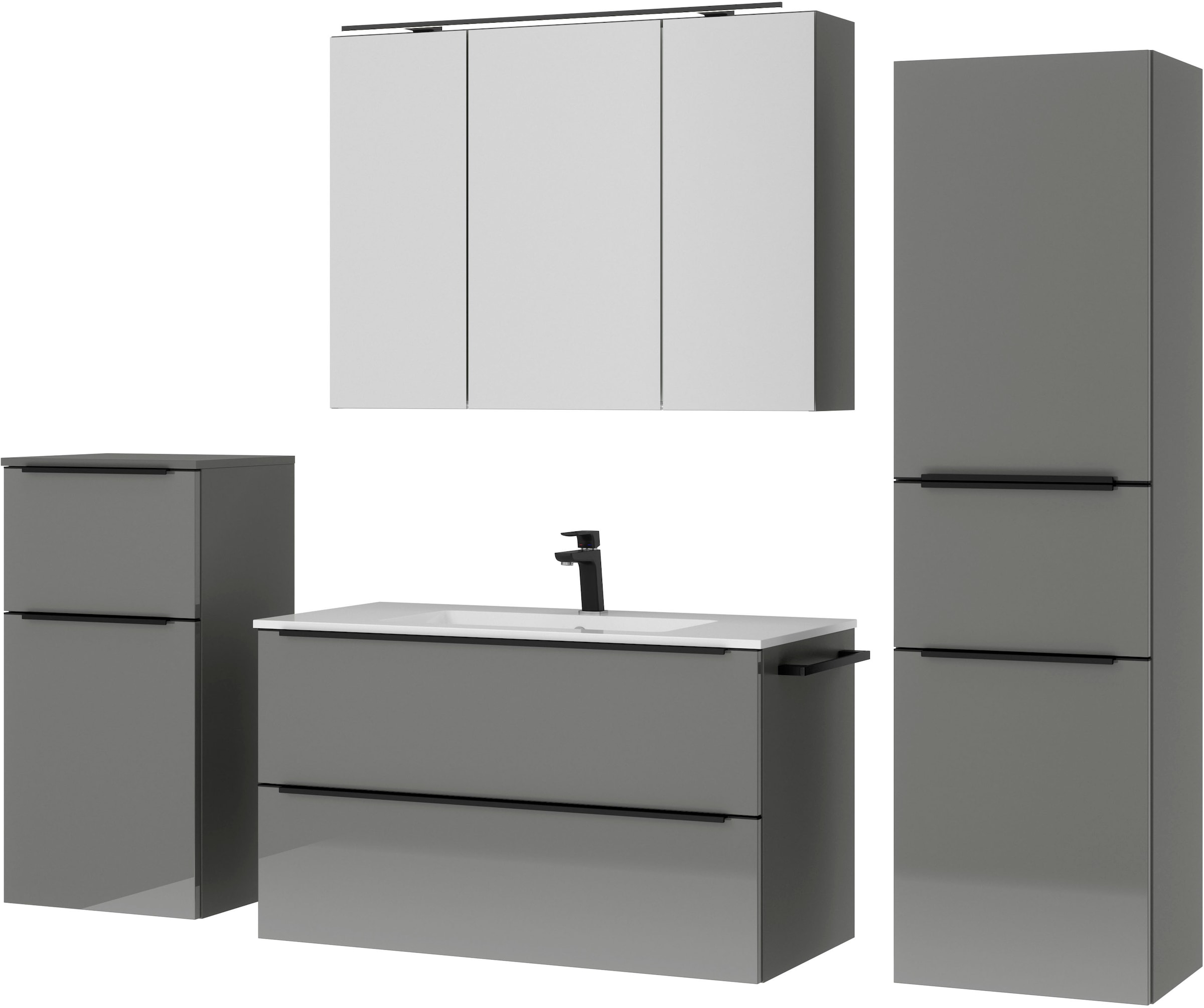 nobilia® Badmöbel-Set »Levere«, (4 St., vormontiert, mit Soft-Close), inkl. Spiegelschrank mit Beleuchtung und Dimmerfunktion, in 4 Breiten