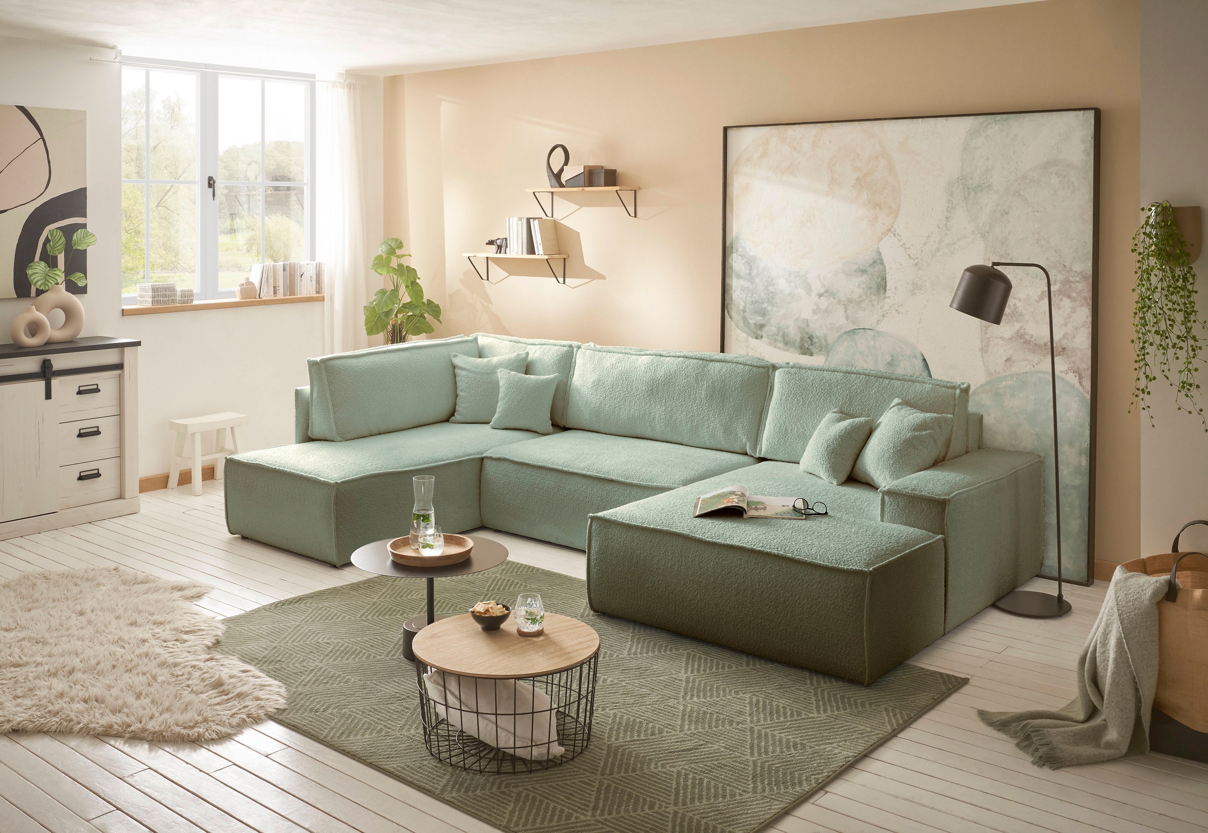 andas Wohnlandschaft »FINNLEY U-Form XXL 329 cm, Schlafsofa, Schlaffunktion m. Bettkasten«, (194/139 cm), Bouclé, Struktur und Cord