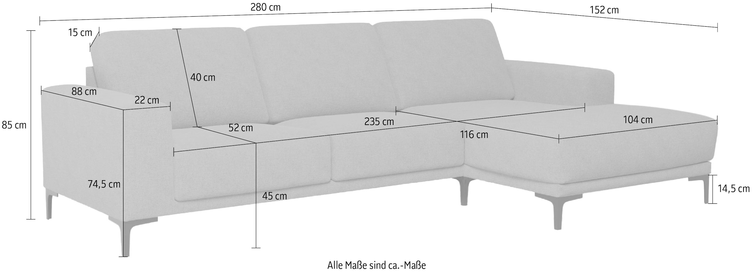 OTTO home Ecksofa »Xander, L-Form,« Breite 280 cm, Soft-Touch Chenille, schwarze Metallfüße