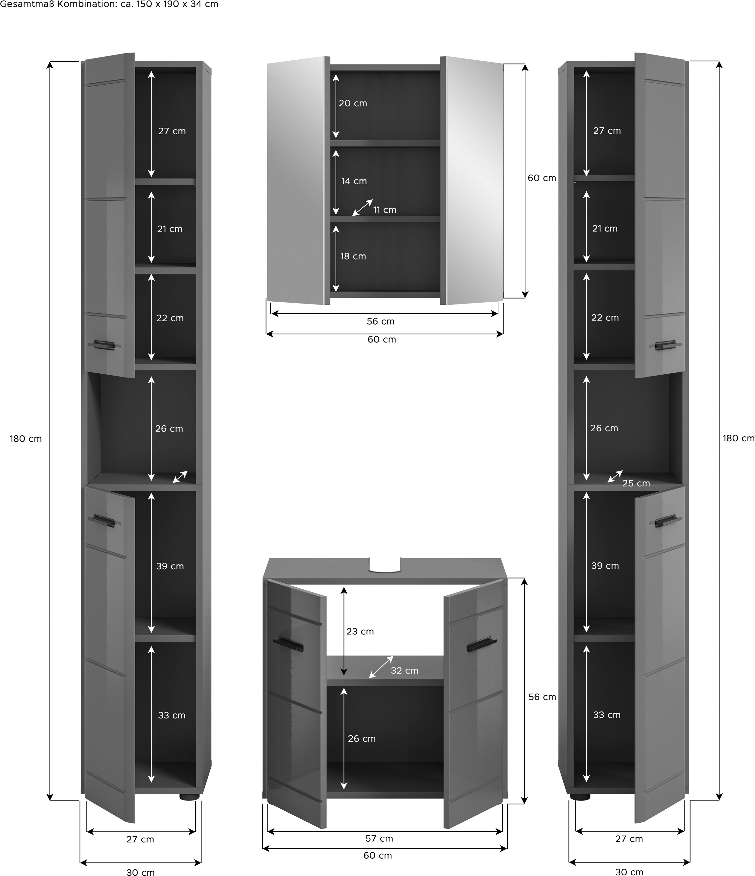welltime Badmöbel-Set »Doux, bestehend aus: 2x Hochschrank, Waschbeckenunterschrank,«, (4 St.), Spiegelschrank, hochwertige hochglanz MDF Front mit Rillenfräsung