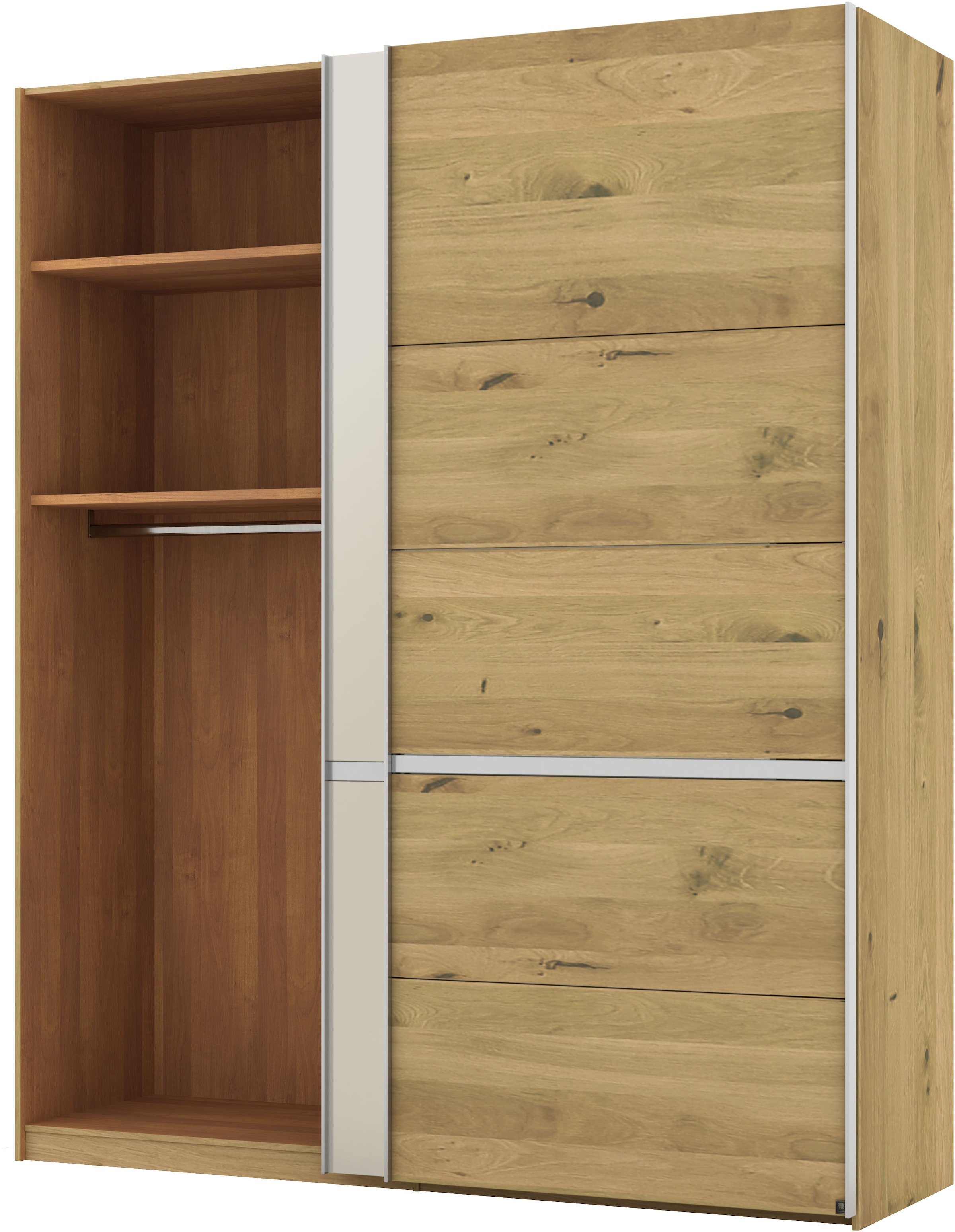 Musterring Schwebetürenschrank »Savona, Kleiderschrank, Schrank, Garderobe, mit Schiebetüren«, (Teilmassiv Bianco-Eiche, mit Spiegel oder Glas, MADE IN GERMANY), Türen Bianco-Eiche massiv, Spiegel-/Glastüren, eingelegte Chromleiste