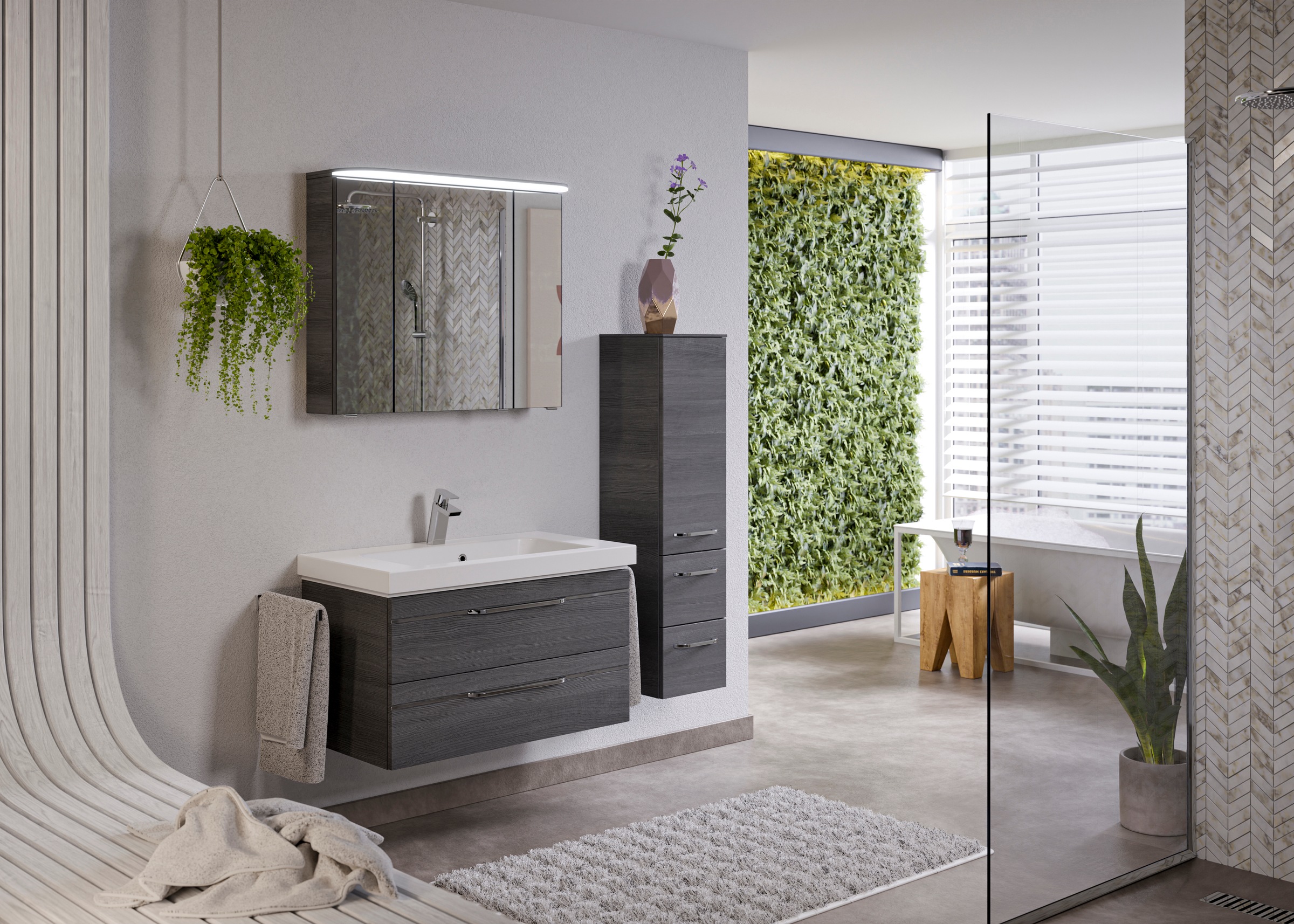 Saphir Badmöbel-Set »Balto Sprint 3-teilig, Mineralmarmor-Waschtisch mit LED-Spiegelschrank«, (4 St.), Badezimmer Set mit Midischrank, inkl Türdämpfer, 4 Türen, 4 Schubladen