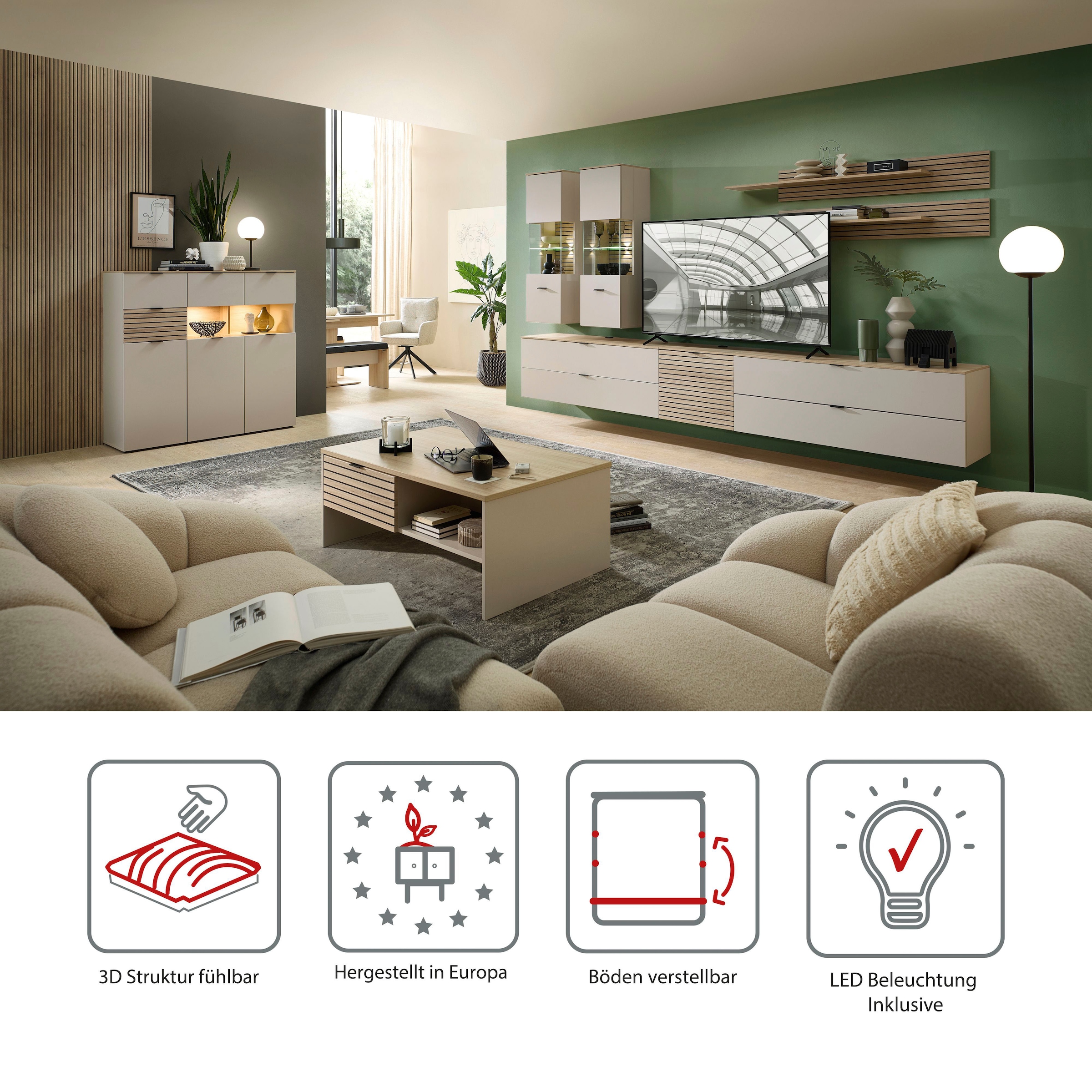 Innostyle Wohnwand »Ina Wohnwand,  340x185x44 cm (B/H/T)« 7 Stk. tlg.