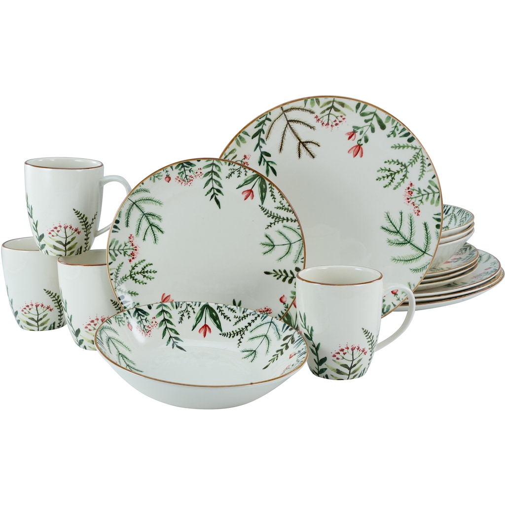 CreaTable Kombiservice »Geschirr-Set Greenery Leaves«, (Set, 16 tlg., Kaffeeservice und Tafelservice im Set, für 4 Personen)