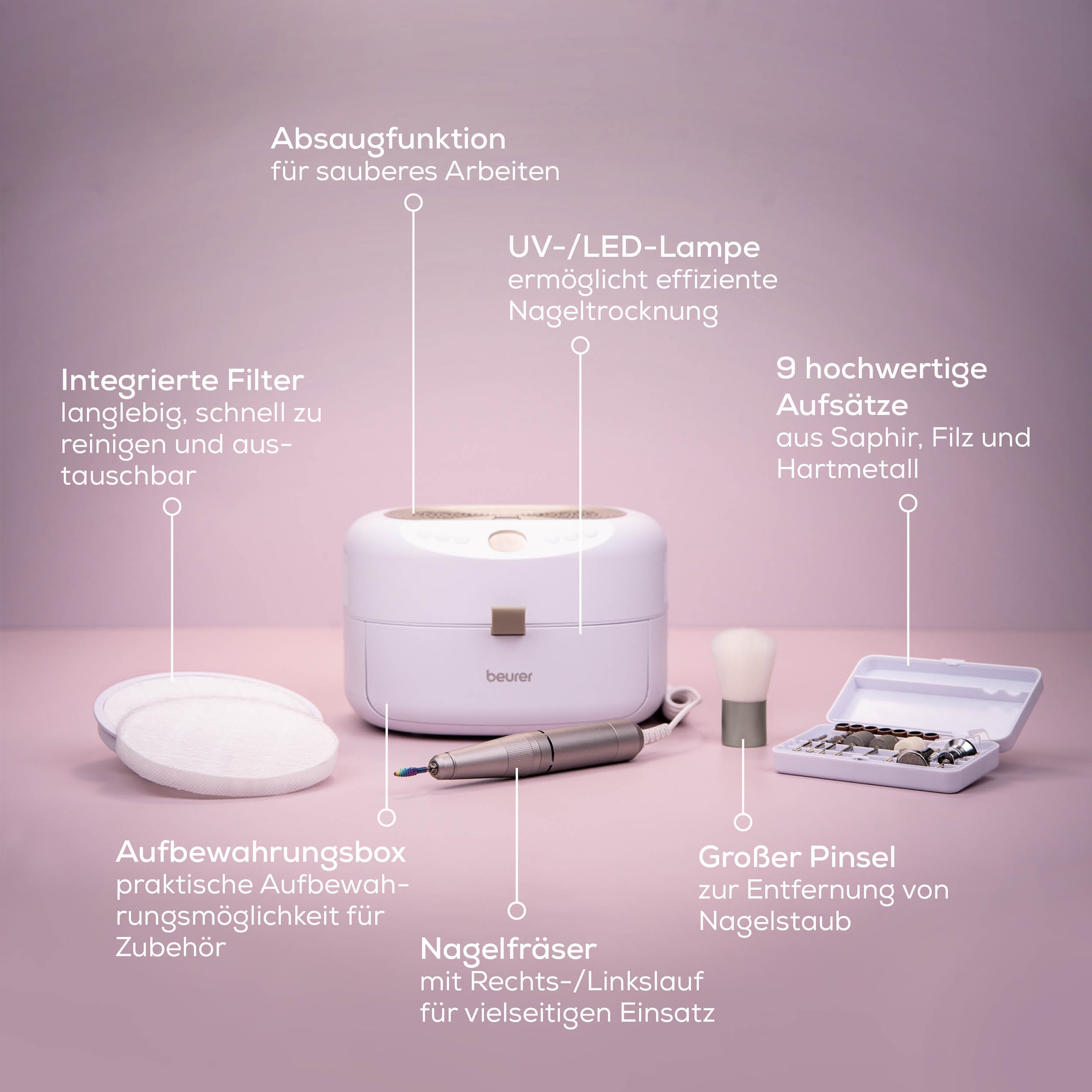 BEURER Maniküre-Pediküre-Set »MP 200, professionelle Maniküre-Pediküre-Station für zu Hause«, Mit Fräser, UV/LED-Lampe & Absaugung für Gel, Acryl