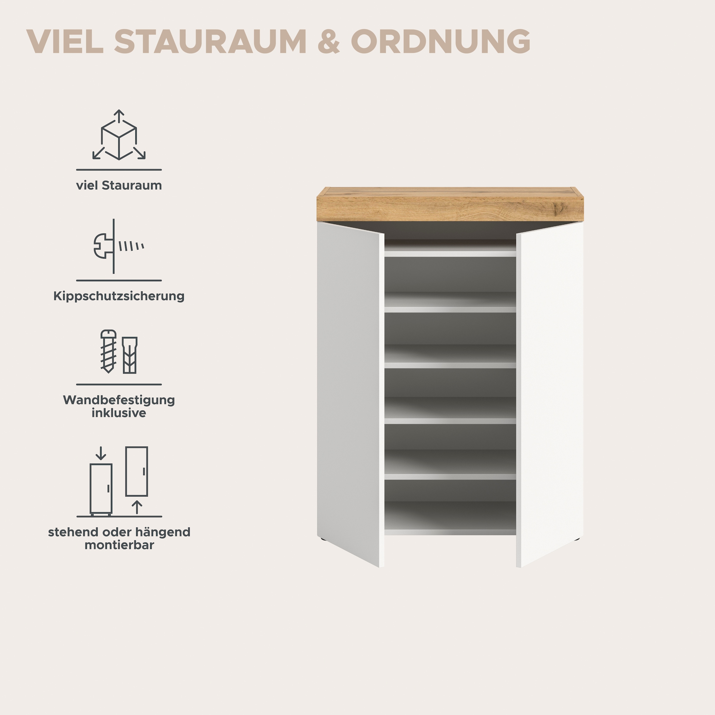 OTTO home Schuhschrank »MAMBO, Breite 77 cm, Höhe 99 cm« hängend oder stehend montierbar, 1 Stk. tlg. Schuhschrank, Schuhkommode, Flur, Diele