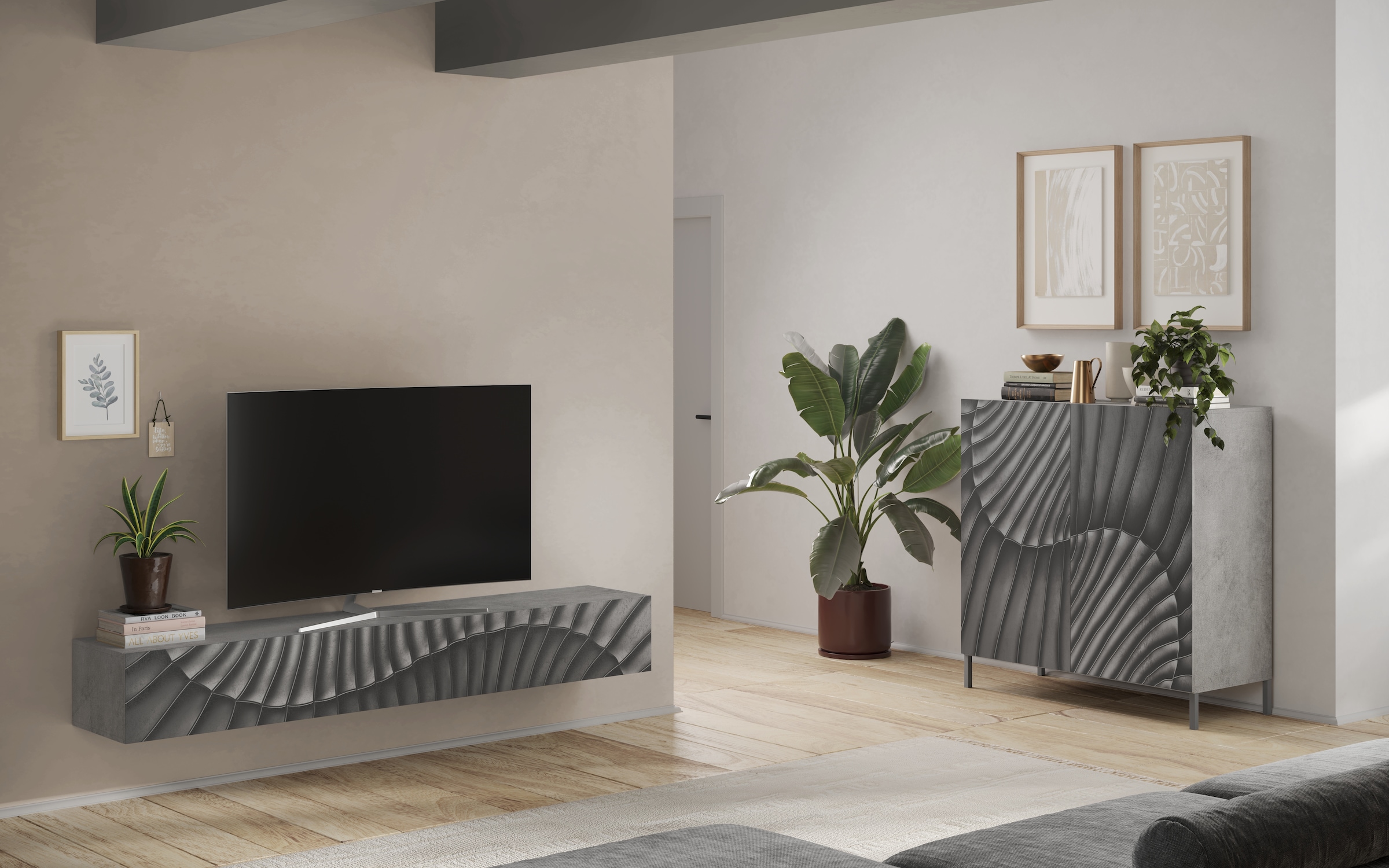 INOSIGN Lowboard »Snake Breite 210 cm, modernes TV-Board hängend mit 1 Klappe,«, TV-Möbel, TV-Schrank, Front mit Siebdruck