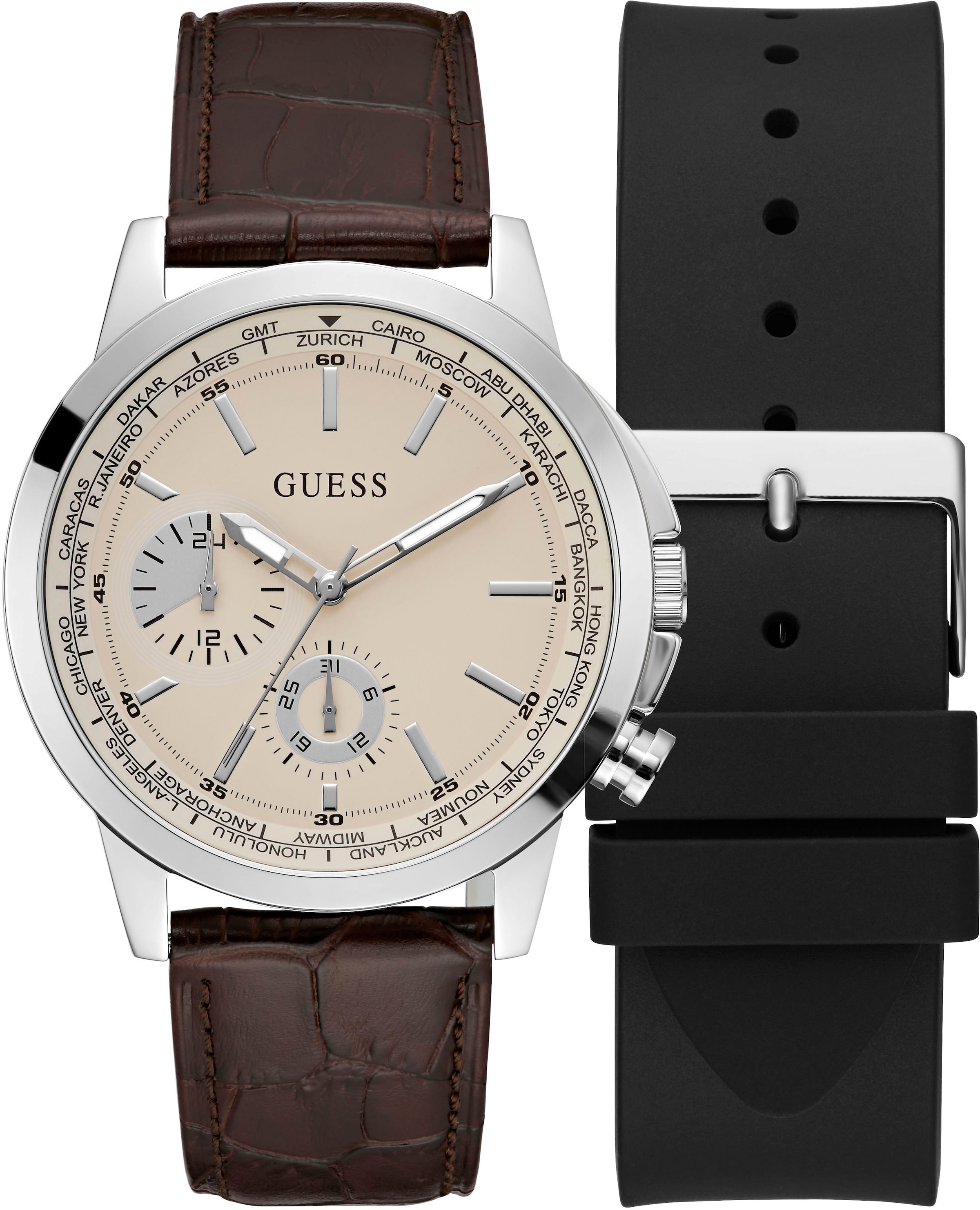 Guess Multifunktionsuhr »SPEC«, (Set, 2 tlg., mit schwarzem Silikonwechselband), Armbanduhr, Quarzuhr, Herrenuhr