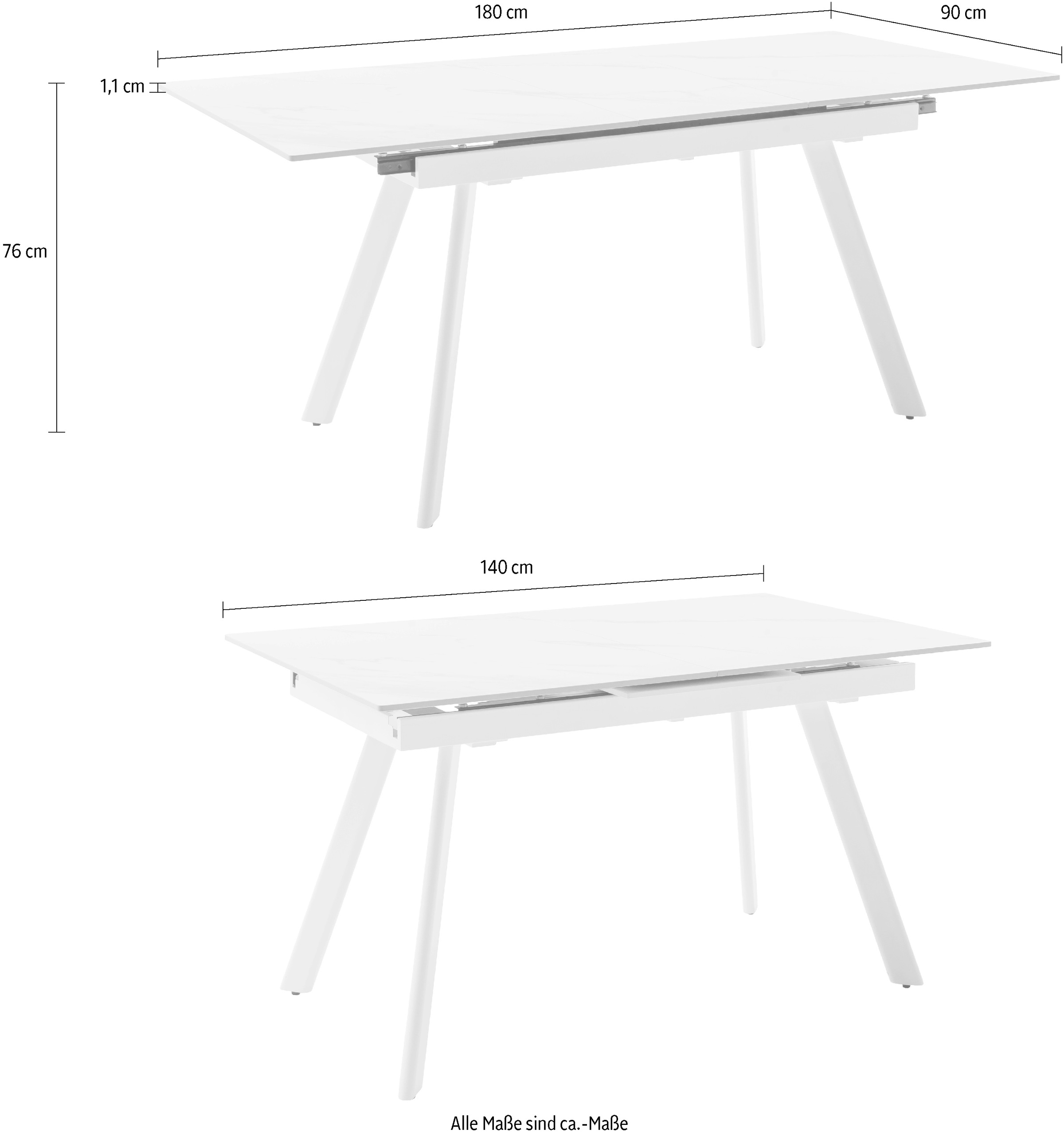 MCA furniture Esstisch »PARENZO Auzugtisch 140-180 cm weiß marmoriert - bis 8 Personen«, (1 St.), Keramik, Metall weiß, Synchronauszug, ausziehbar, 6-8 Personen