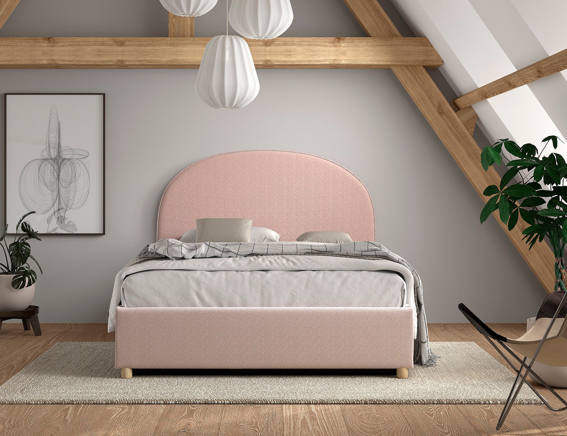 Vipack Boxbett »Moon, mit Lattenrost und Stauraum, modernes Design«, (gerundetes Kopfteil und in 2 Breiten erhältlich), inkl. Massivholz Füßen in natur, 3 Stoff Farben zur Auswahl