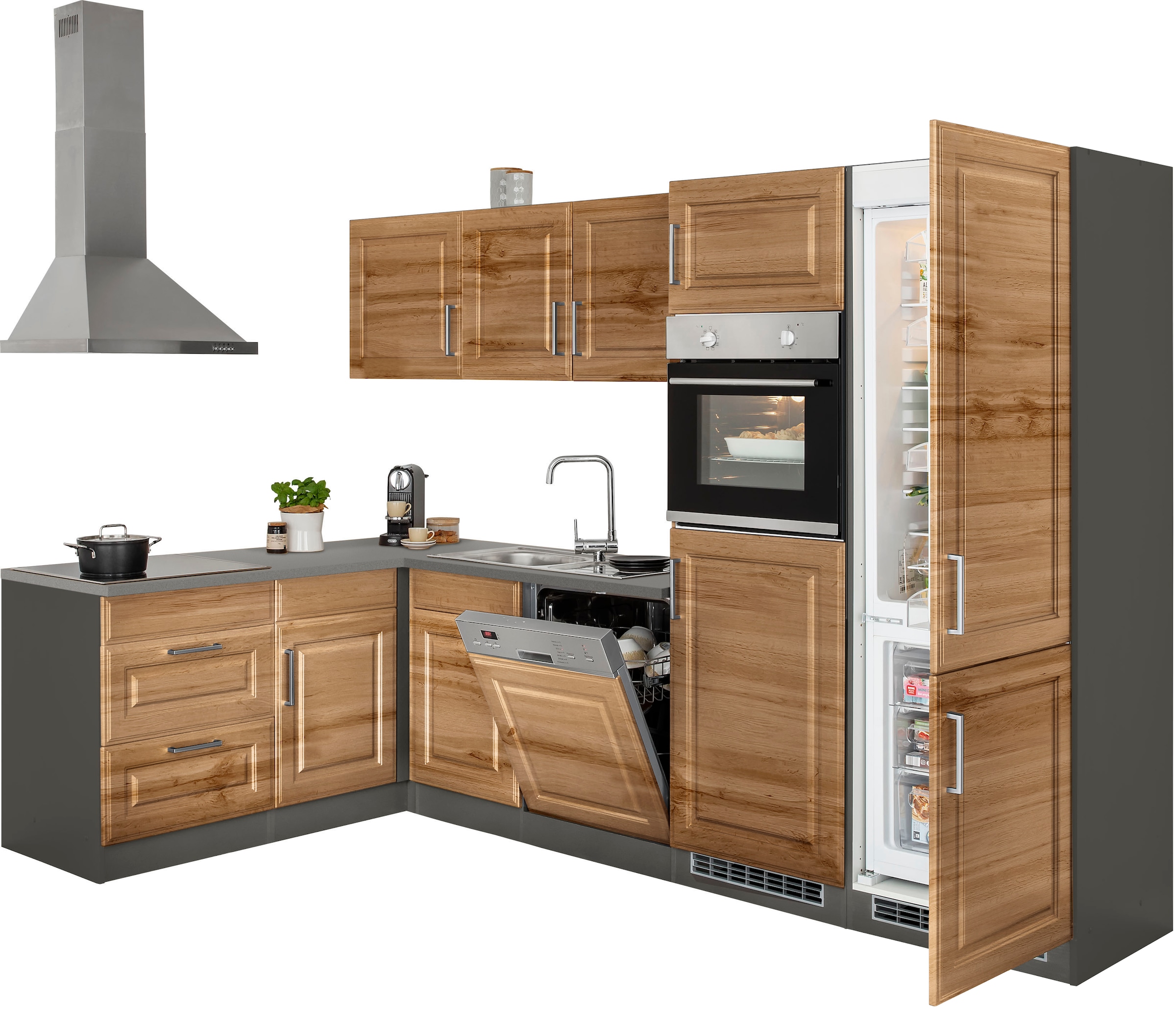 KOCHSTATION Winkelküche »KS-Stockholm«, Stellbreite 290/170 cm, mit hochwertigen MDF Fronten im Landhaus-Stil