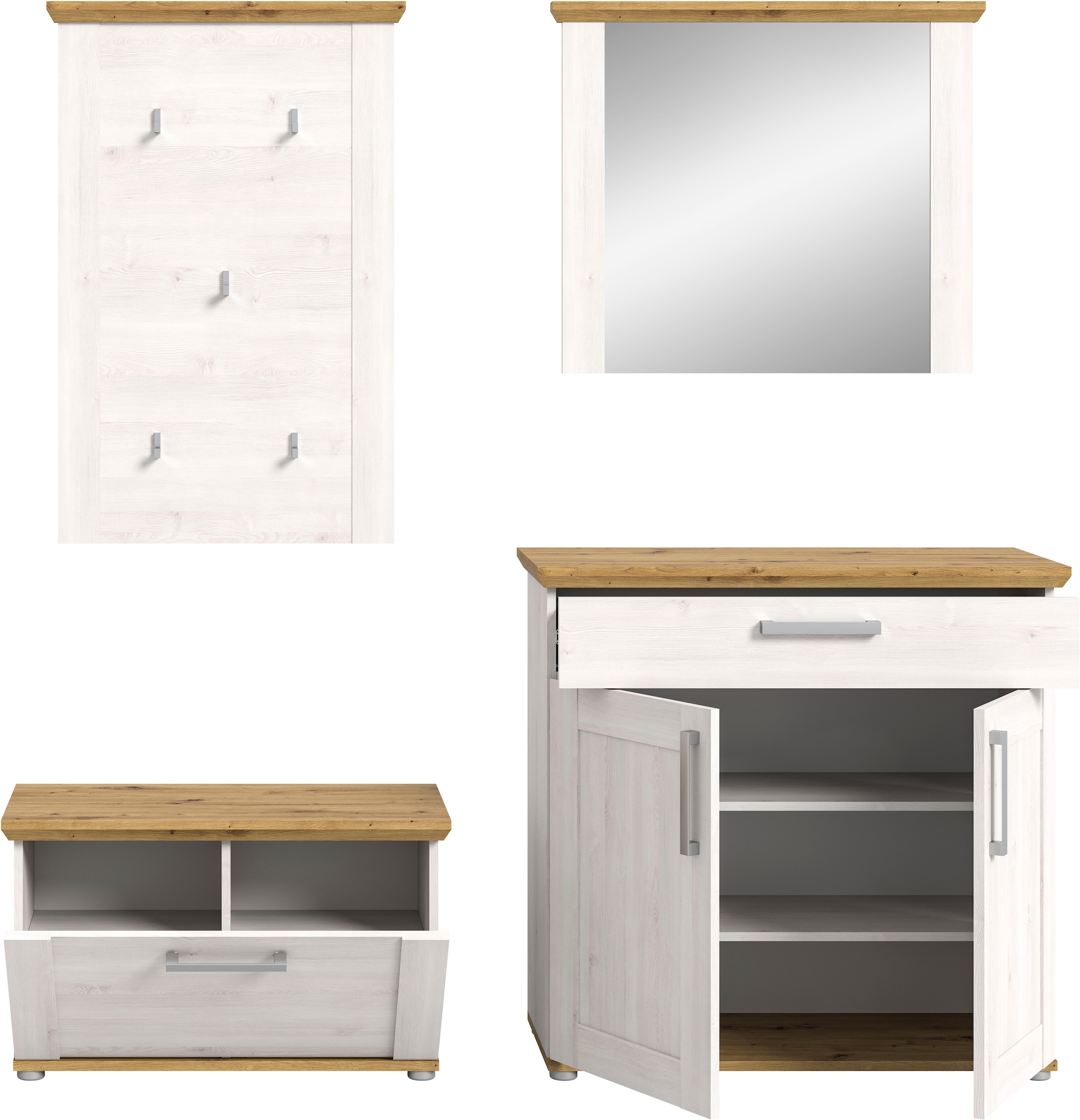 Home affaire Garderoben-Set »Cosenza, Breite ca. 190 cm, 2-farbig, 4-teilig, bestehend aus:«, (4 St.), Sitzbank, Garderobenpaneel, Schuhschrank, Spiegel, in Landhausoptik