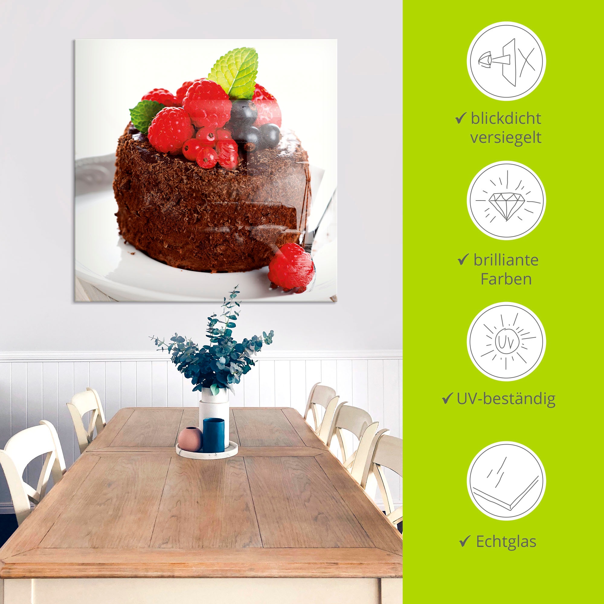 Artland Glasbild »Feiner Schokoladenkuchen mit Beeren«, Süßspeisen, (1 St.), in verschiedenen Größen