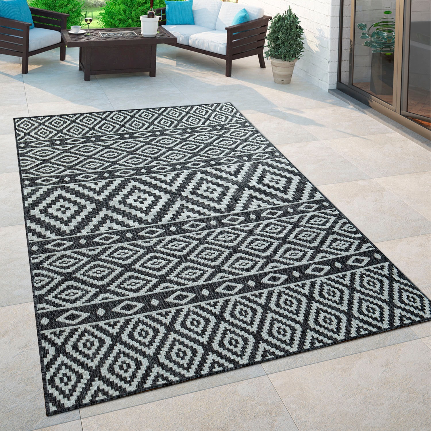 Paco Home Teppich »Coco 201«, rechteckig, 4 mm Höhe, Flachgewebe, Rauten Design, In- und Outdoor geeignet, Wohnzimmer