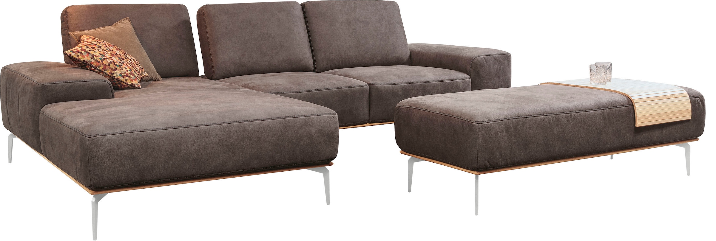 W.SCHILLIG Ecksofa »run, Designsofa mit tollem Sitzkomfort,  L-Form« mit elegantem Holzsockel, Füße in Chrom glänzend, Breite 279 cm
