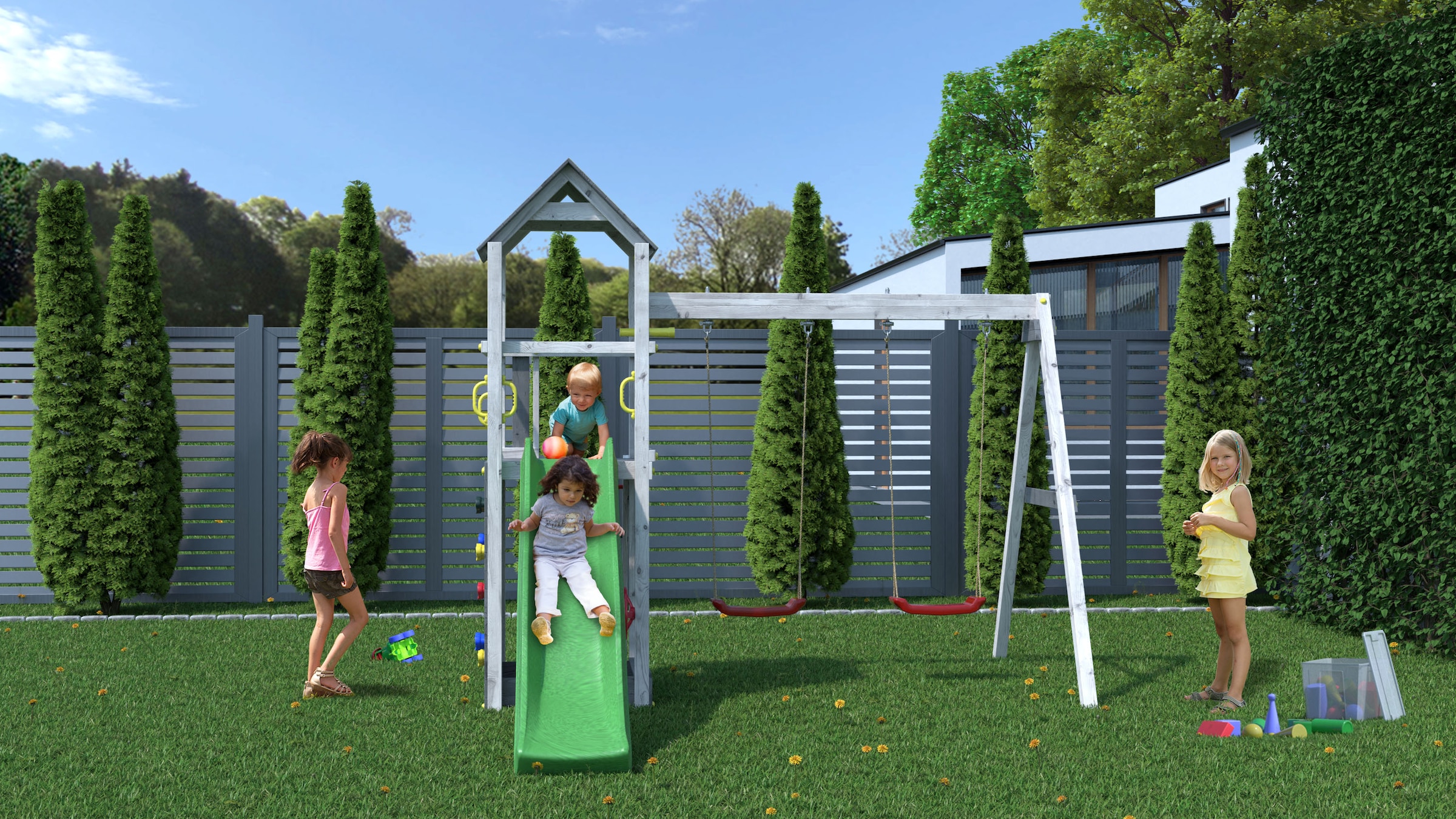 FUNGOO Spielturm »FLAPPI« mit Rutsche, Doppelschaukel, Kletterwand, Teleskop, Lenkrad