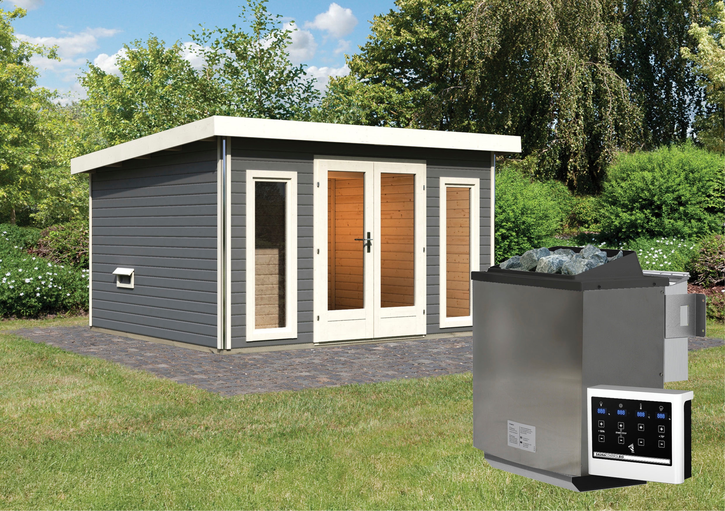 Karibu Saunahaus »Maiko 2A«, Ofen 9 kW Bio ext. Strg.