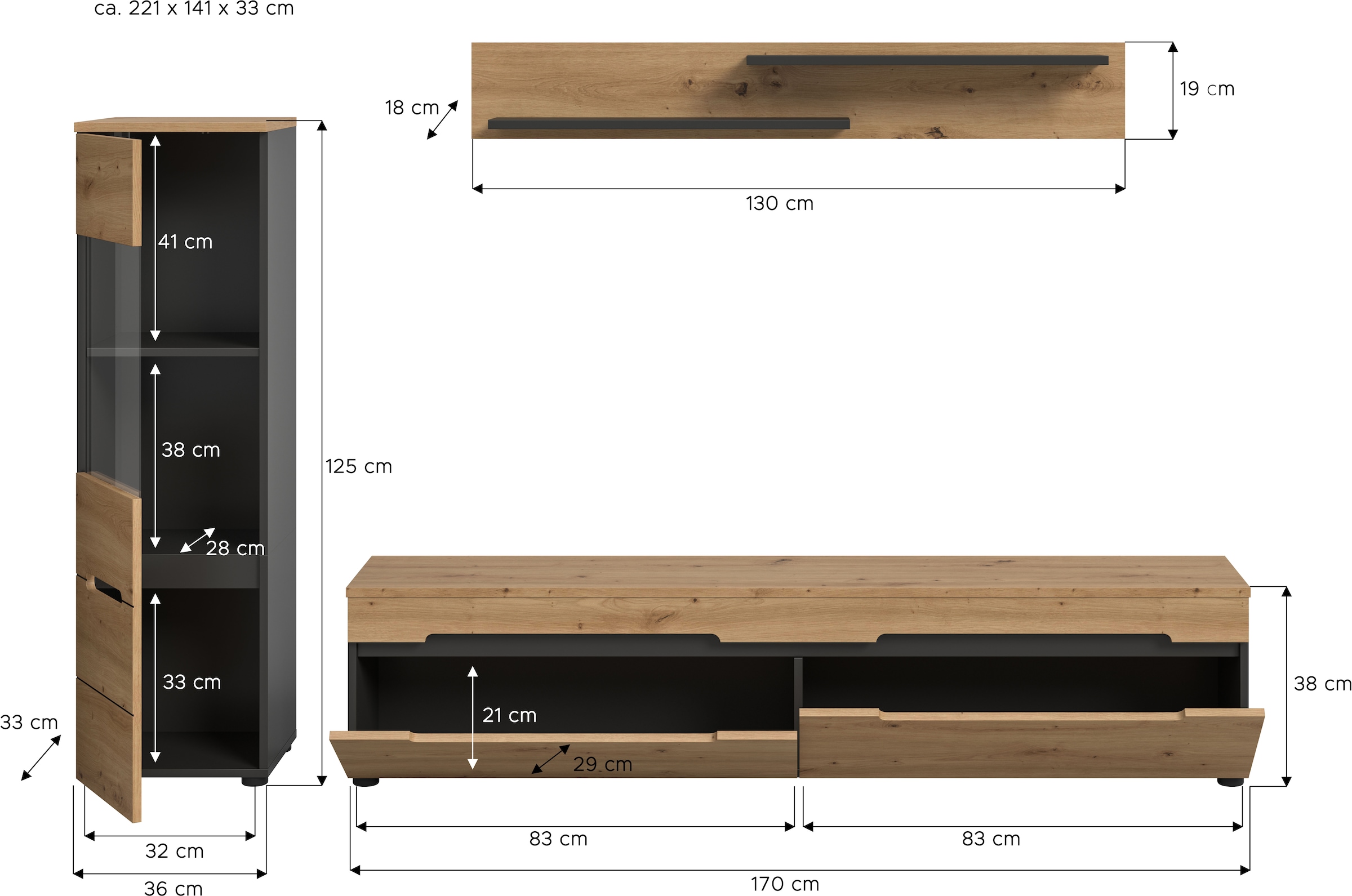 INOSIGN Wohnwand »REHAT, TOPSELLER!, 3-teilig, wahlweise stehend und hängend montierbar« Set bestehend aus: Vitrine, Lowboard und Wandboard, 2 Stk. tlg.