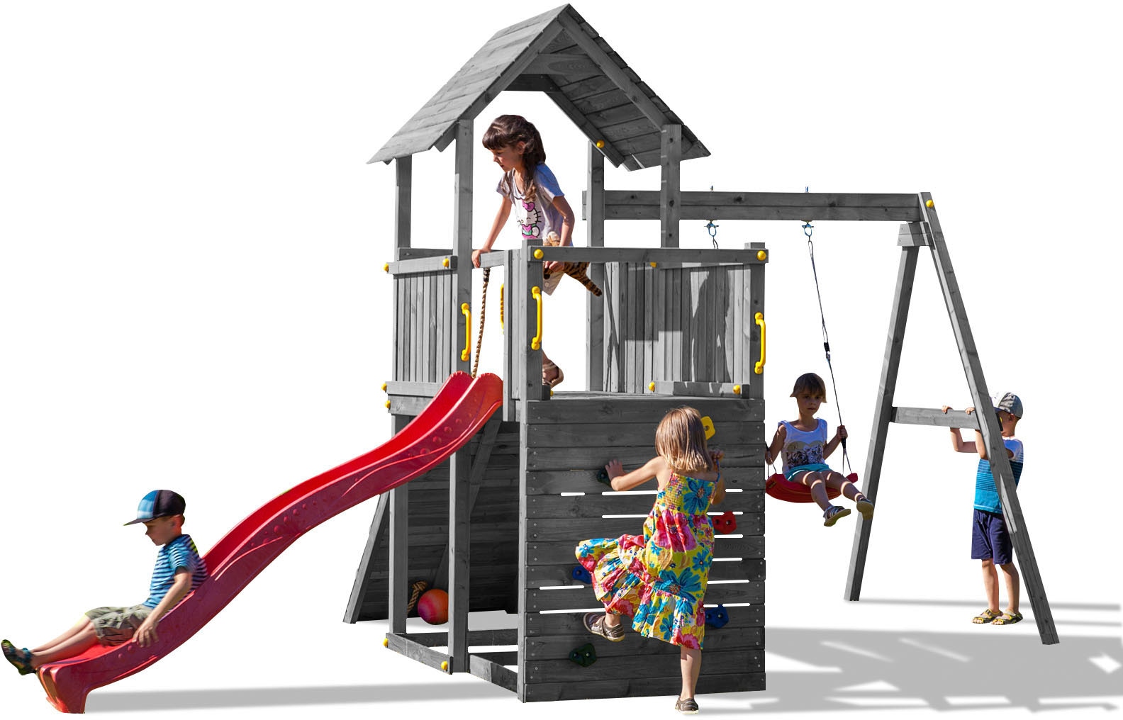 FUNGOO Spielturm »CAROL 3 GREY«, mit Schaukel & Rutsche, Kletterwand, Kletterfalle
