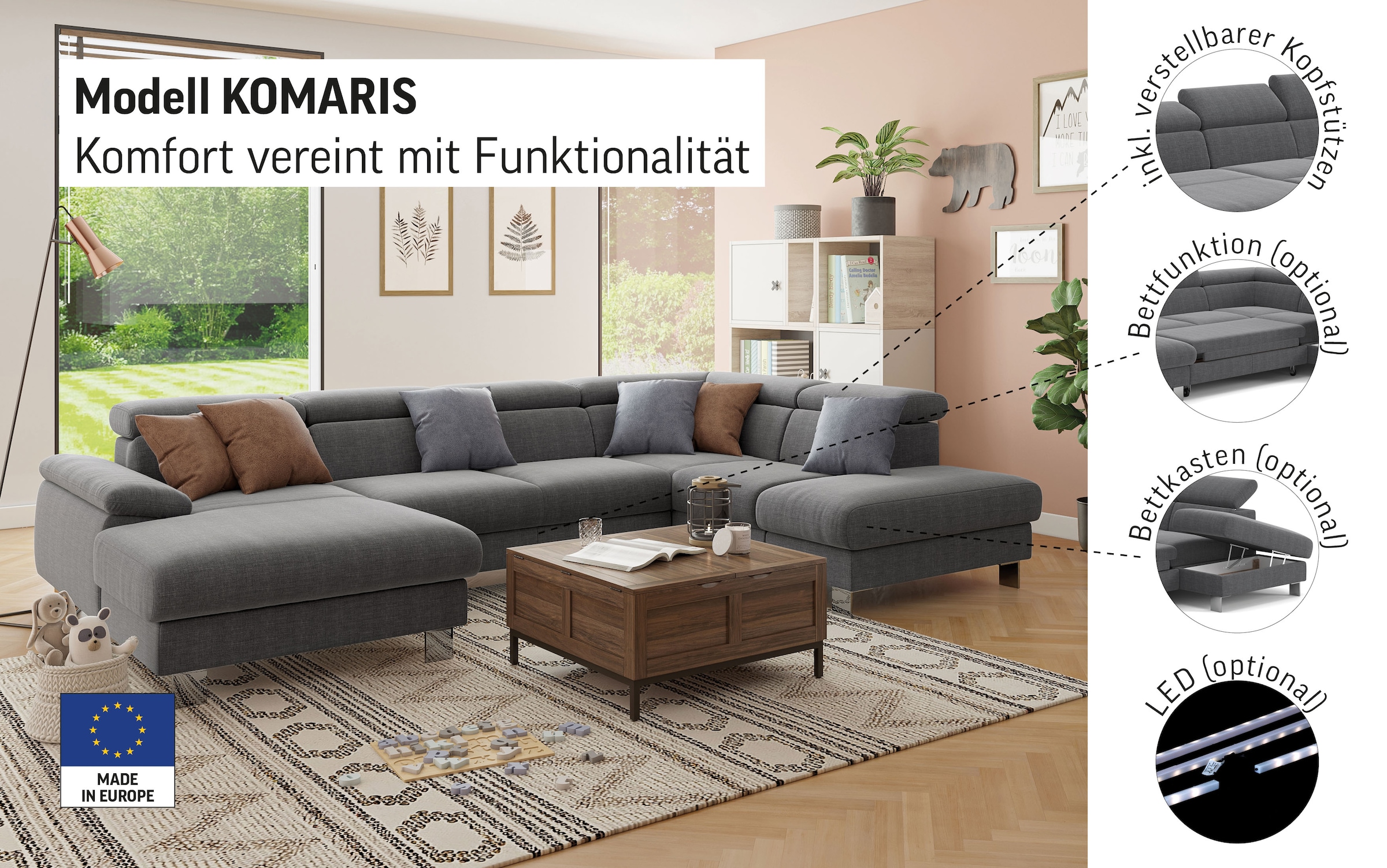 COTTA Wohnlandschaft »Komaris U-Form mit Kopfteilverstellung«, wahlweise mit Bettfunktion, Bettkasten & Beleuchtung
