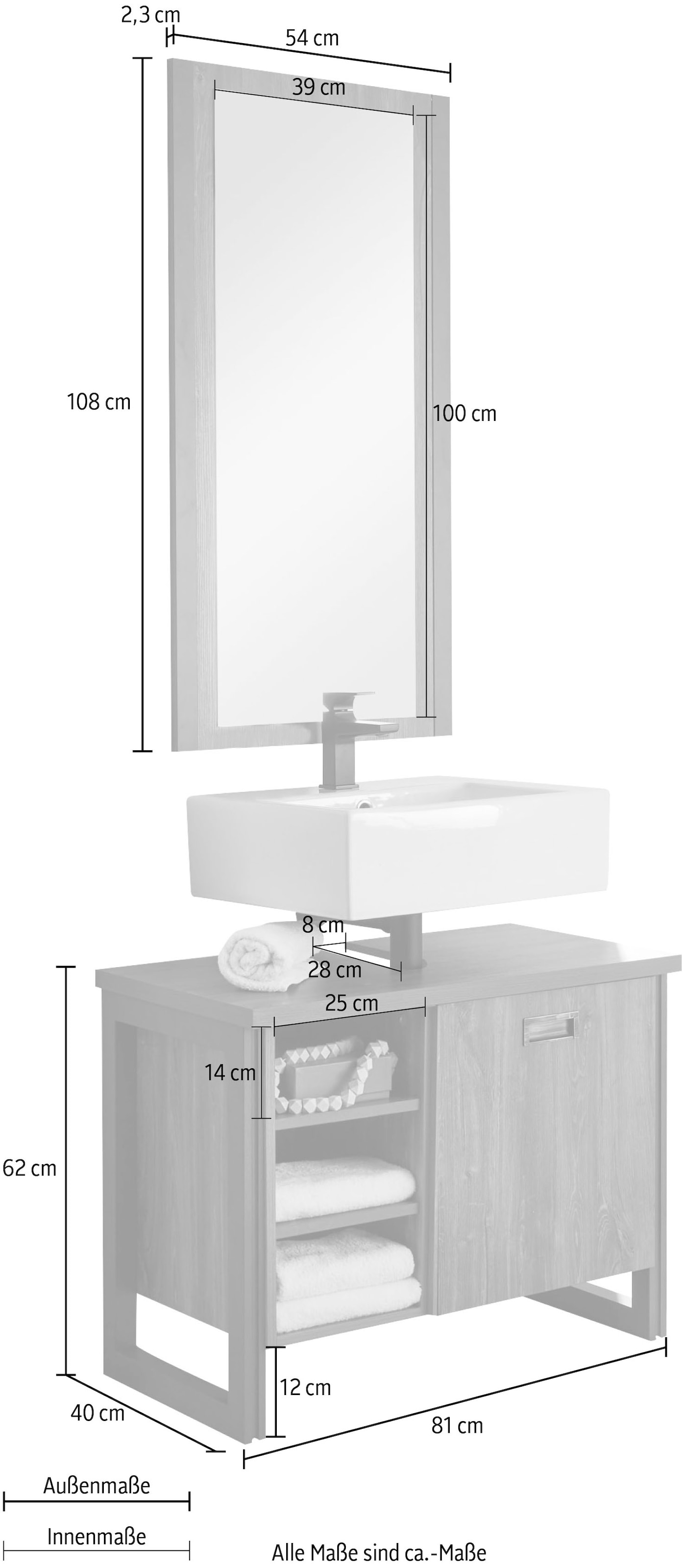 Home affaire Badmöbel-Set »Detroit, Bad im Industrialdesign, 2-teiliges Badezimmer«, (Set, 2 St.), Waschbeckenunterschrank und Spiegel, holzfarben, mit offenen Fächern