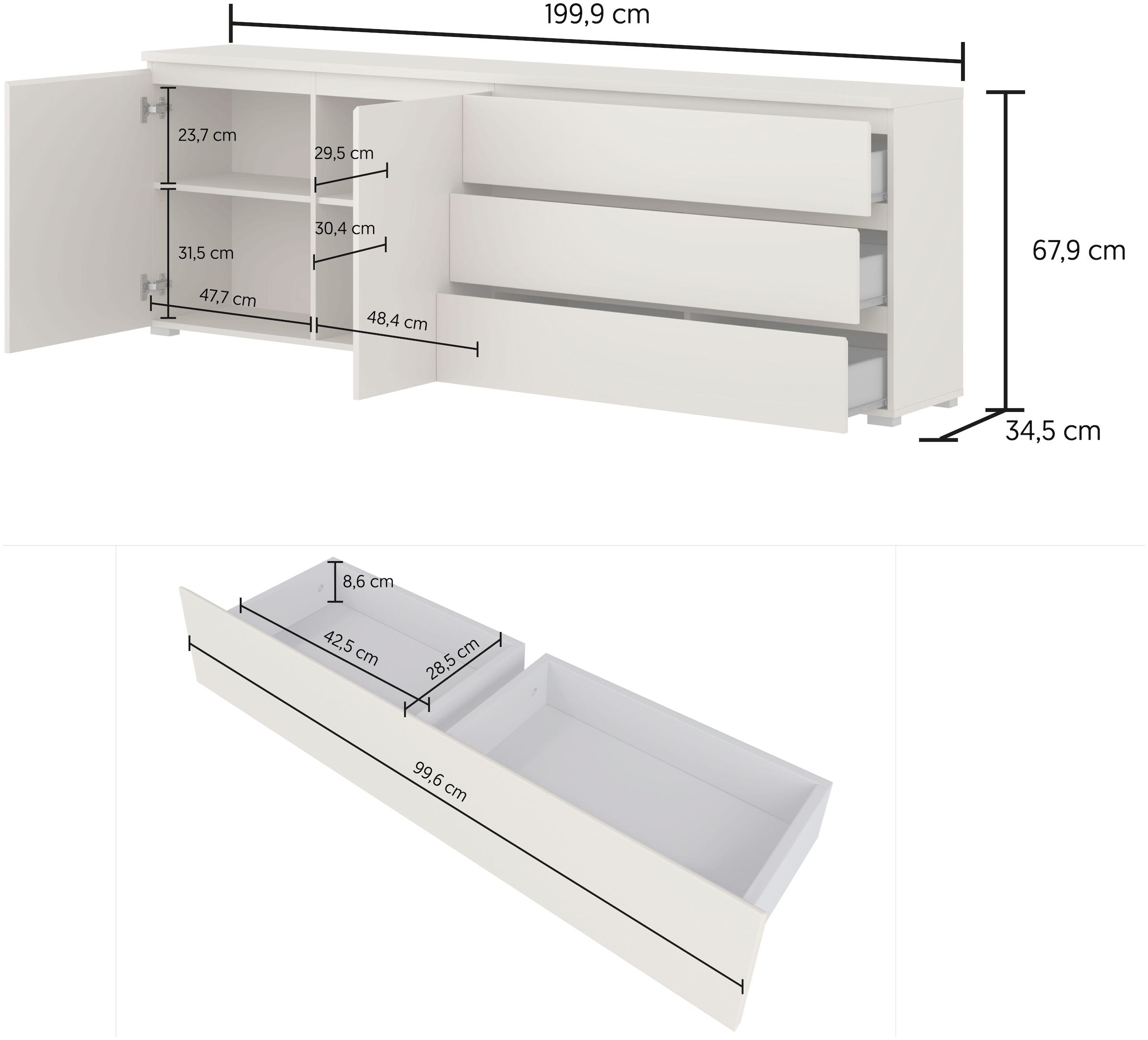 OTTO home Sideboard »Modo, Breite 200 cm, moderne grifflose Kommode 2Türen/3 SK« Schubladenkommode mit viel Stauraum, Einlegeböden verstellbar