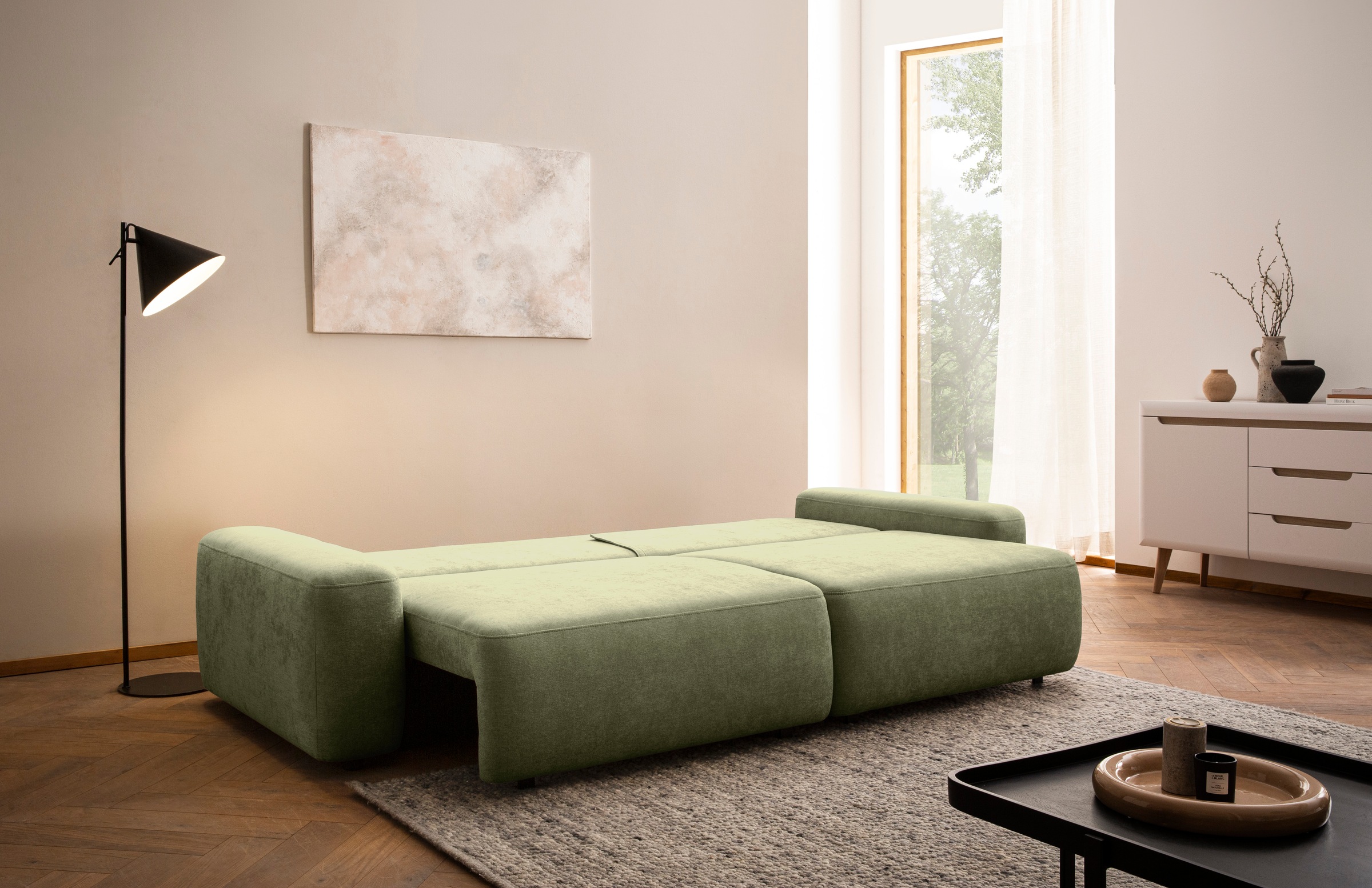 INOSIGN 3-Sitzer »TORGE (257cm), Sofa,Schlafsofa in Cord, Samtvelours, Struktur fein«, rundes Design, Schlaffunktion u. Bettkasten, Liegefläche: 135/200 cm