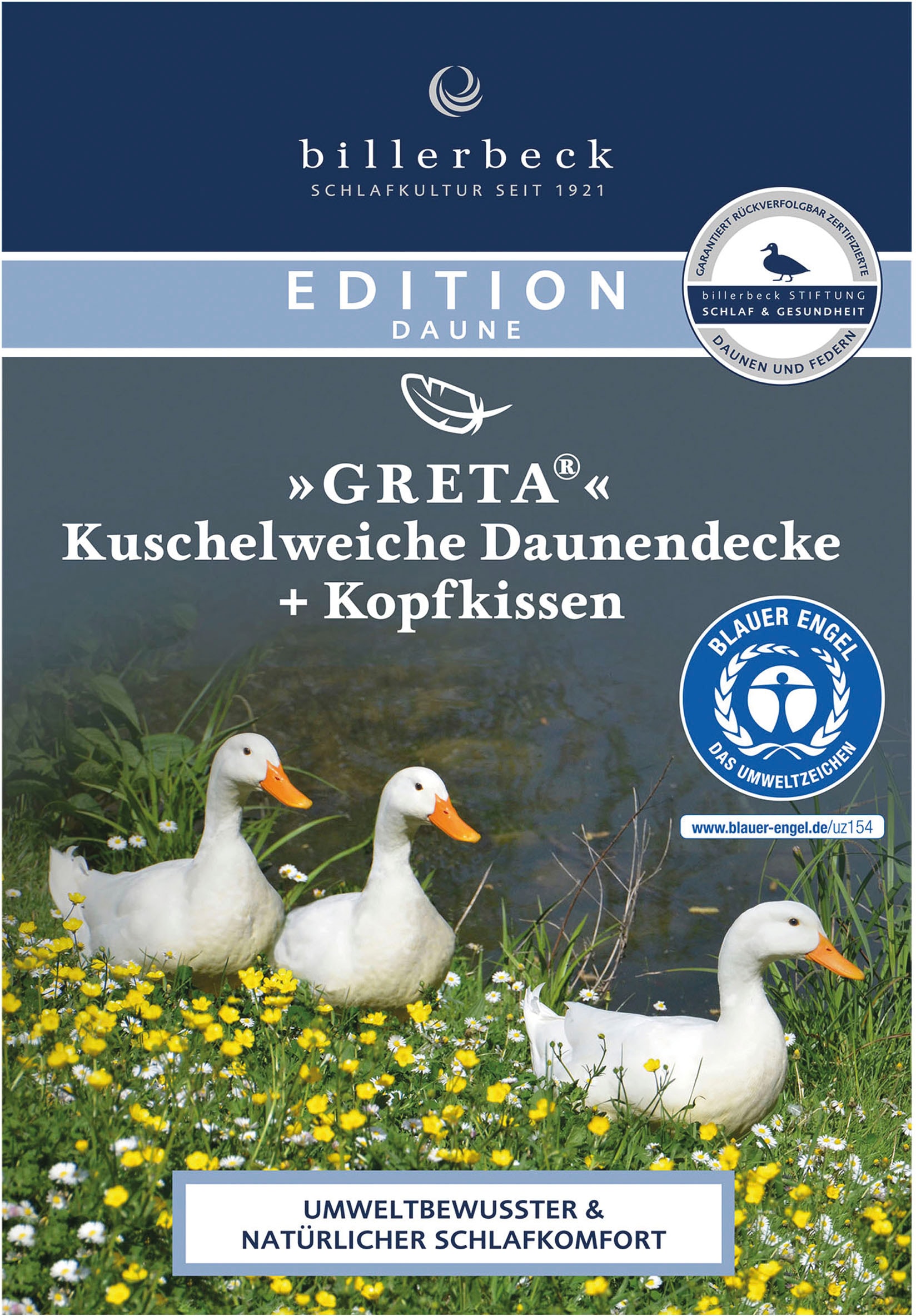 billerbeck Daunenbettdecke »E14 Greta, Bettdecke in 135x200 cm, 155x220 cm, Sommer, Winter«, warm, Füllung 90% Entendaune, 10% Entenfeder, Bezug 100% Baumwolle, (1 St.), Die Daunendecke mit dem blauen Engel
