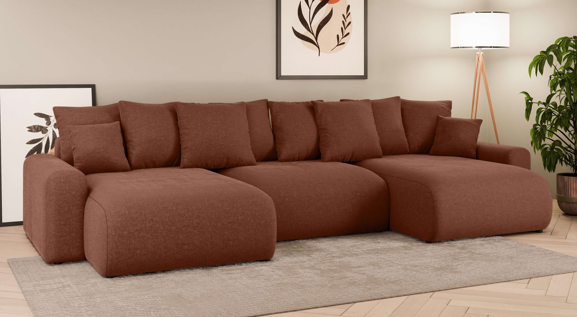 Home affaire Wohnlandschaft »LAKESIDE mit Bettfunktion und Bettkasten, Maße B/T/H: 332,5/142/84 cm«, U‑Form mit vielen Kissen und Wellenunterfederung
