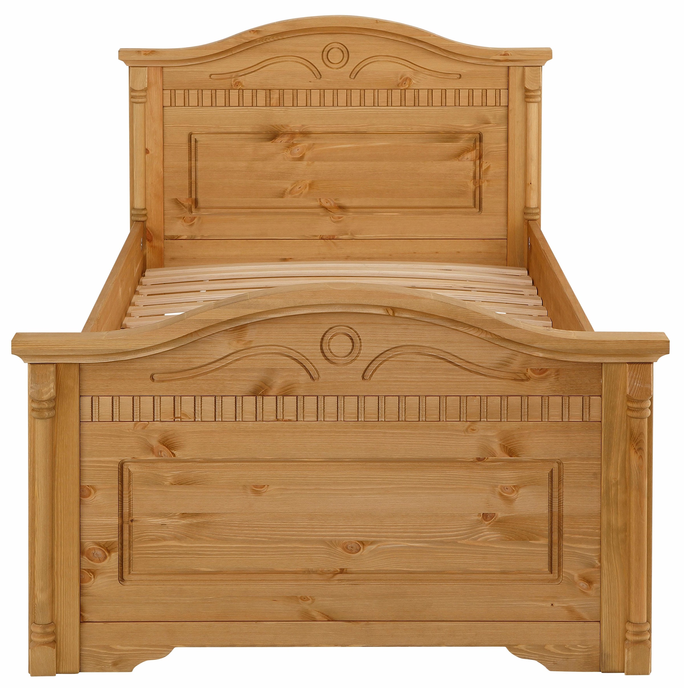 Home affaire Massivholzbett »Graz, hohe Belastbarkeit, klassischer Landhausstil, FSC® zertifiziert«, (Breite/Belastbarkeit 180cm/220 KG, 90cm/=120KG), mit dekorativen Fräsungen, inklusive Lattenrost