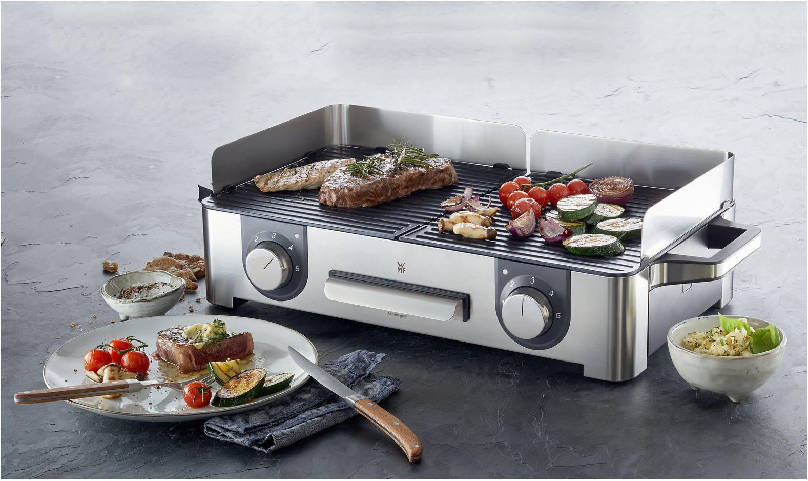 WMF Tischgrill »Lono Master Grill, getrennt regulierte Platten, variable Temperaturen«, 2400 W, outdoorgeeignet, Wind-/Spritzschutz, spülmaschinengeeignete Teile