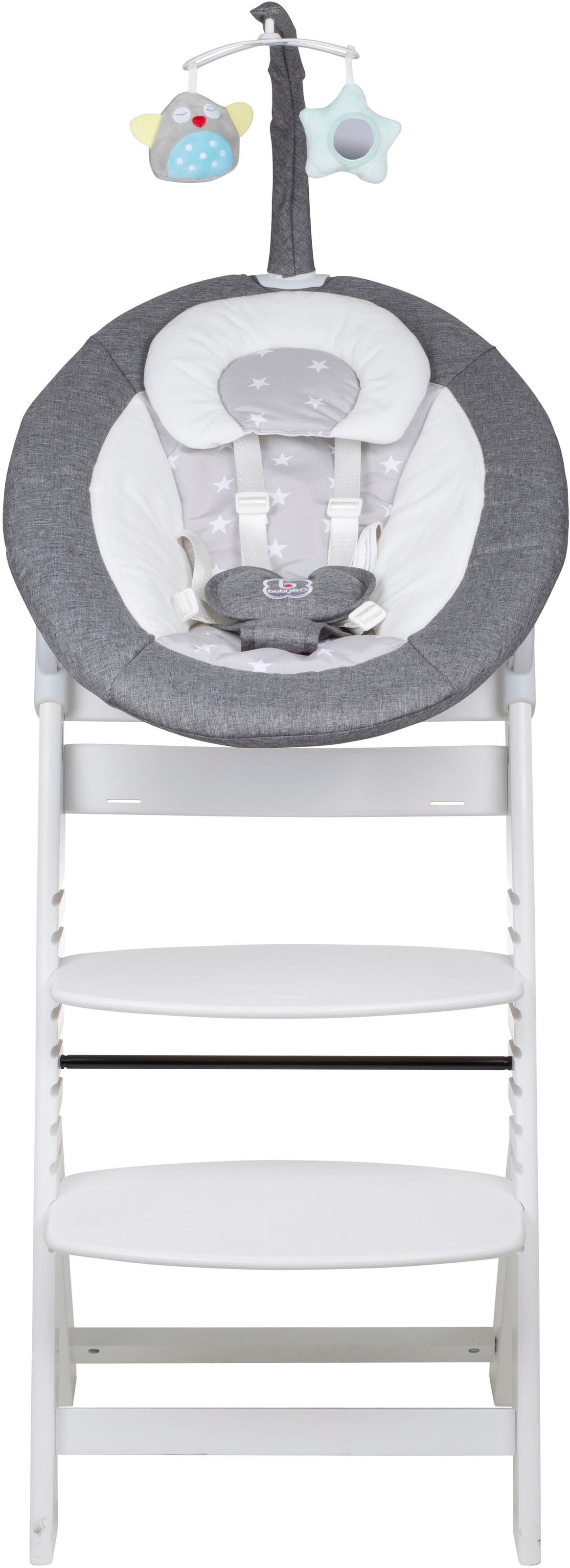 BabyGo Hochstuhl »Family Homey Set, weiß/hellgrau«, mit elektrischer Babywippe inkl. Spielbogen