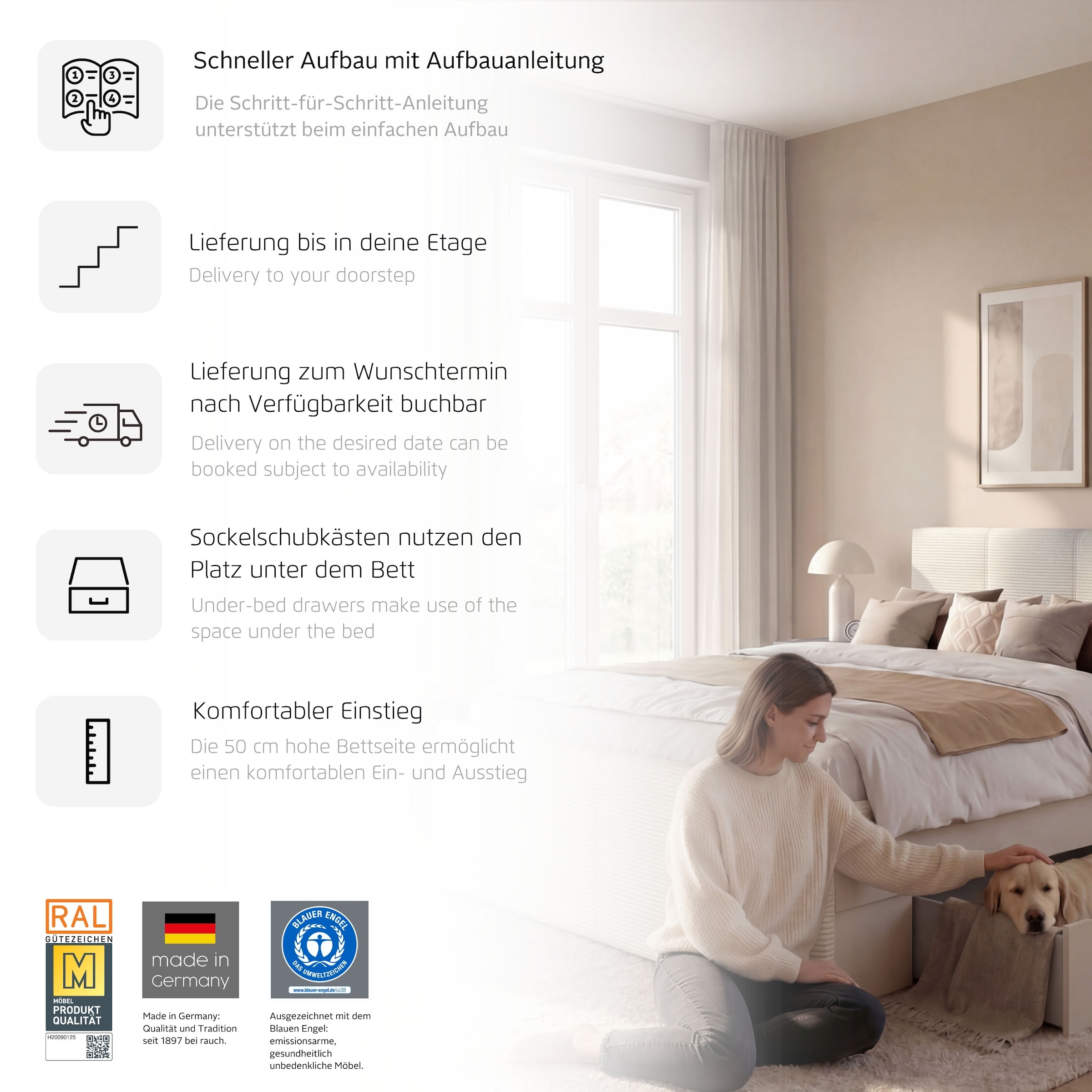 OTTO home Bett »Doppelbett Polsterbett Stauraumbett AGORDO« 180x200 cm, Kopf- und Fußteil aus Cordstoff oder Webstoff,  praktische Bettschubkästen für zusätzlichen Stauraum MADE IN GERMANY