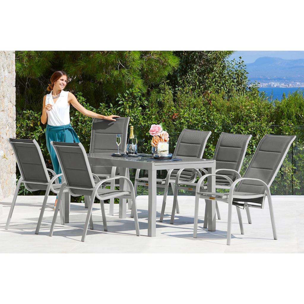 MERXX Garten-Essgruppe »Amalfi Deluxe«, (7 tlg., 6x Stapelsessel (2x verstellbar), 1x Ausziehtisch 150(220)x90 cm)