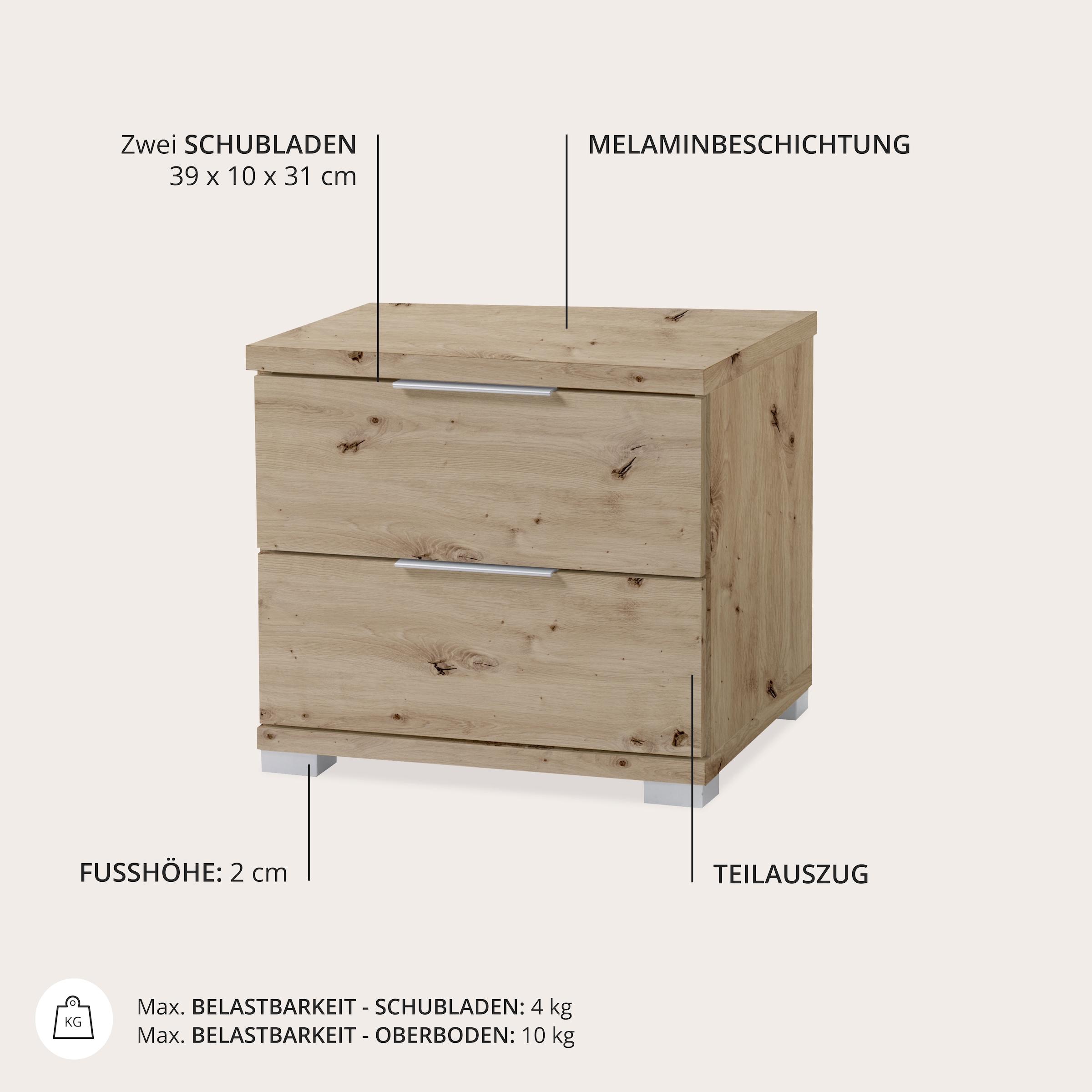 Schlafkontor »Smilla Nachttisch, Nachtkonsole mit Schubkästen« Korpus melaminbeschichtet, silberfarbige oder schwarze Griffe