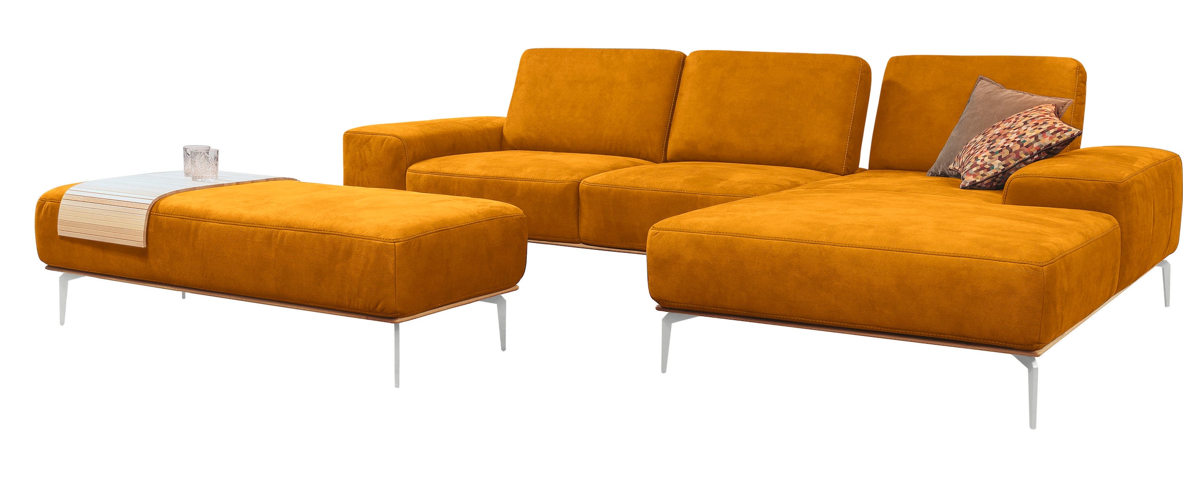 W.SCHILLIG Ecksofa »run, Designsofa mit tollem Sitzkomfort, bequem, L-Form« mit elegantem Holzsockel, Füße in Chrom glänzend, Breite 319 cm