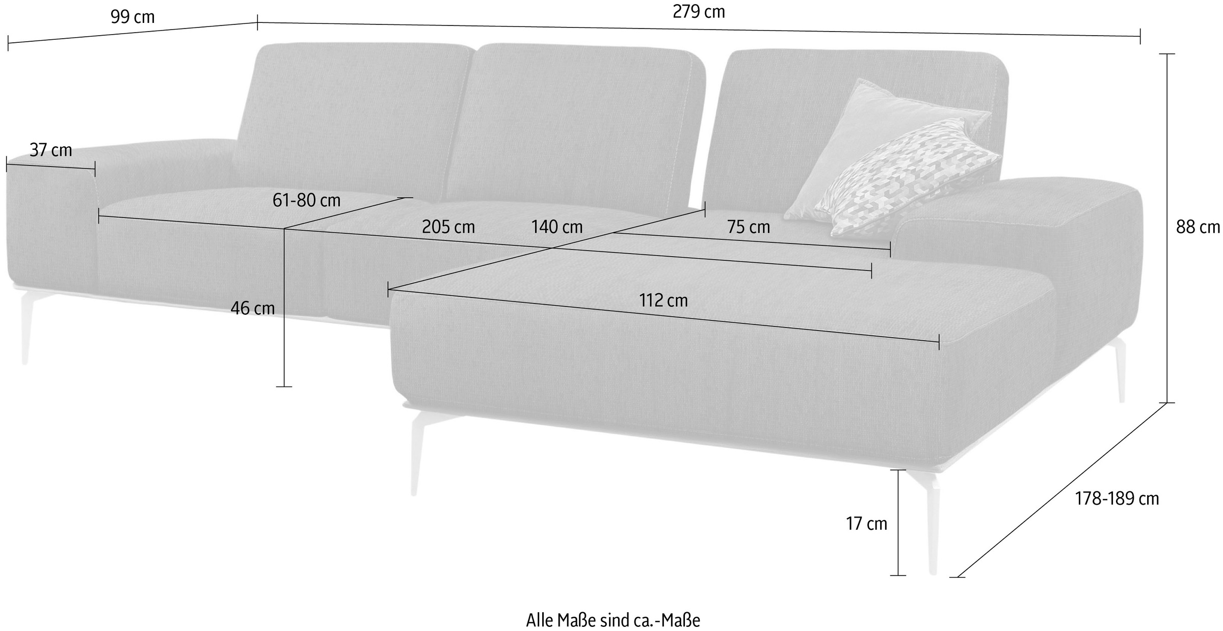 W.SCHILLIG Ecksofa »run, Designsofa mit tollem Sitzkomfort, L-Form«, mit elegantem Holzsockel, Füße in Chrom glänzend, Breite 279 cm