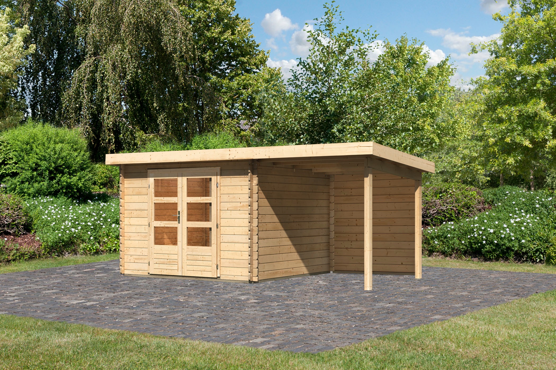 Karibu Gartenhaus »Schloßsee 5«, (Set), mit Anbaudach und Rückwand