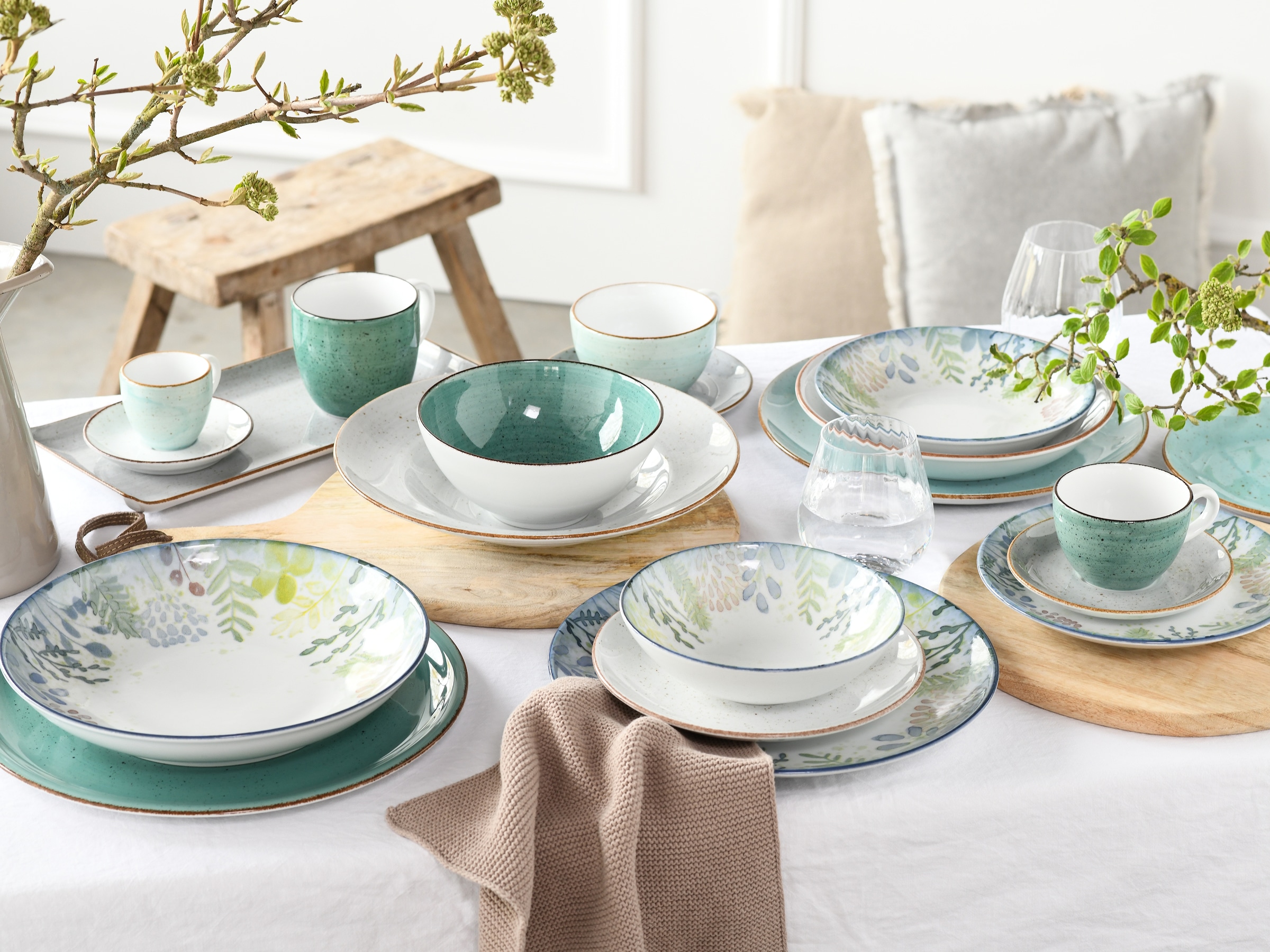 CreaTable Espressotasse »Vintage Nature Aqua, Espresso-Set, 8-tlg.«, (Set, 8 tlg.), Handgemalt, Gesprenkelt, Rustikales Außenband
