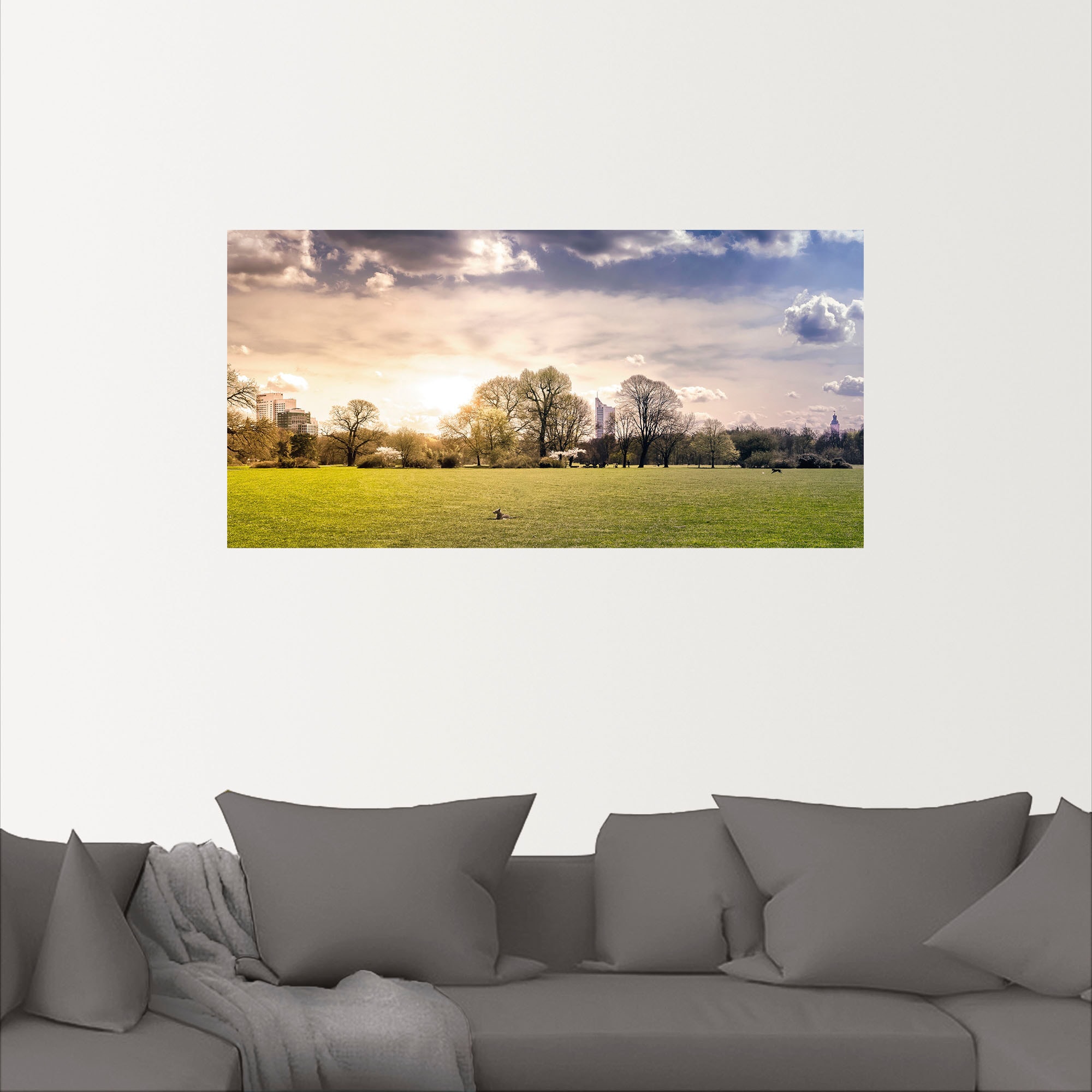 Artland Wandbild »Rosentalwiese Leipzig mit Hund & Skyline«, Wiesen & Baumbilder, (1 St.), als Alubild, Leinwandbild, Wandaufkleber oder Poster in versch. Größen